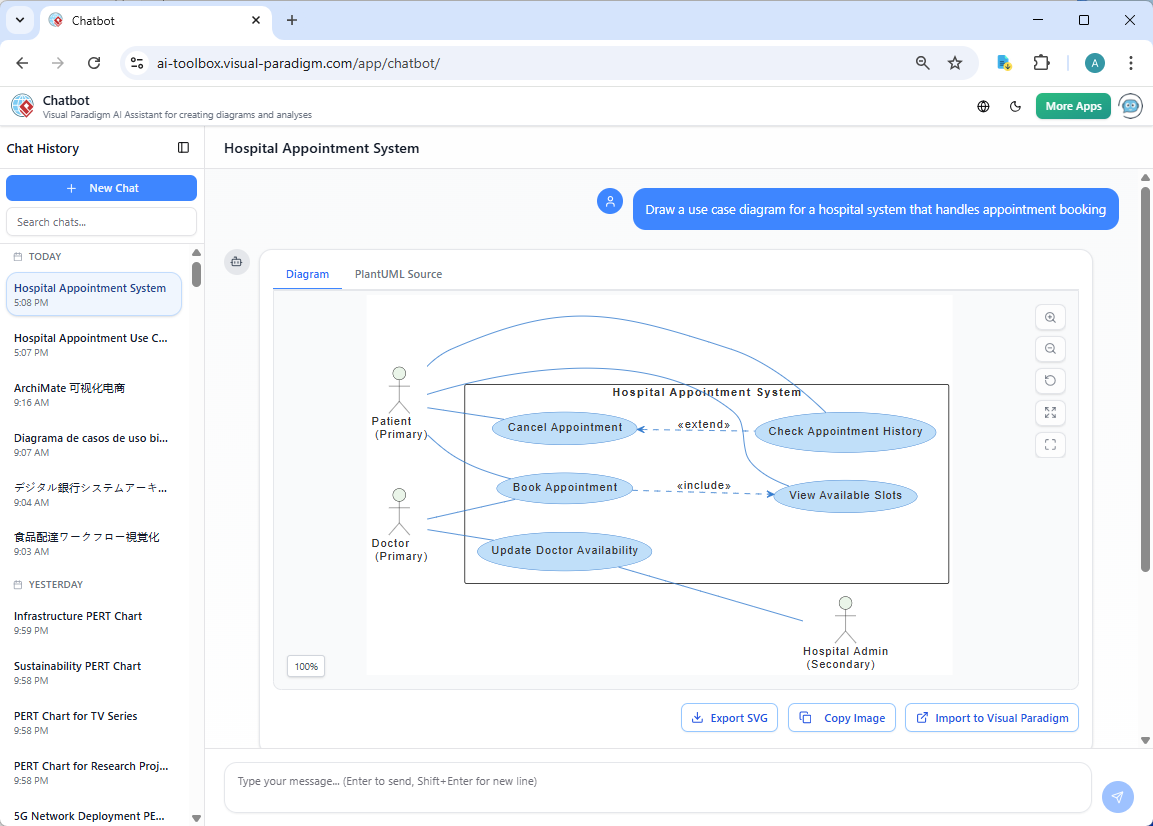AI Chatbot example: A use case diagram for a hospital appointment system