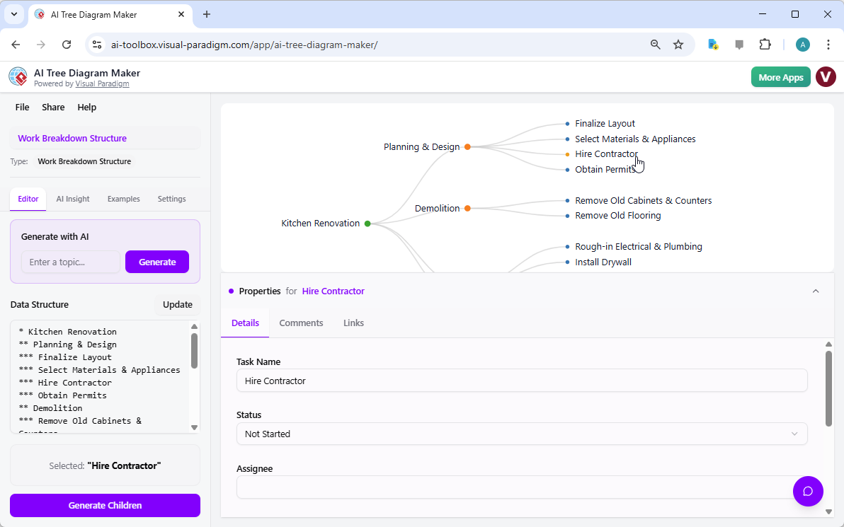 AI-Baumdiagramm-Generator für Küchenrenovierung
