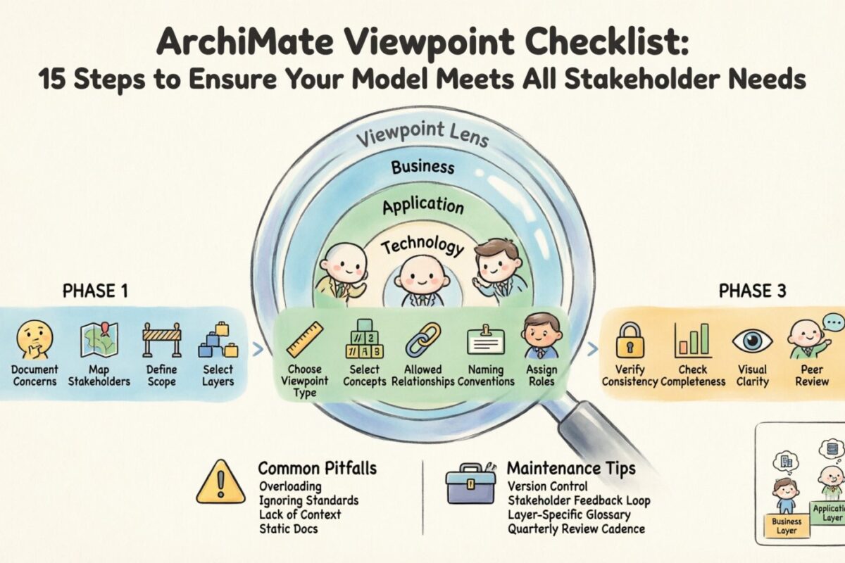 ArchiMate-Viewpoint-Checkliste: 15 Schritte, um sicherzustellen, dass Ihr Modell alle Anforderungen der Stakeholder erfüllt ArchiMate-Viewpoint-Checkliste: 15 Schritte, um sicherzustellen, dass Ihr Modell alle Anforderungen der Stakeholder erfüllt