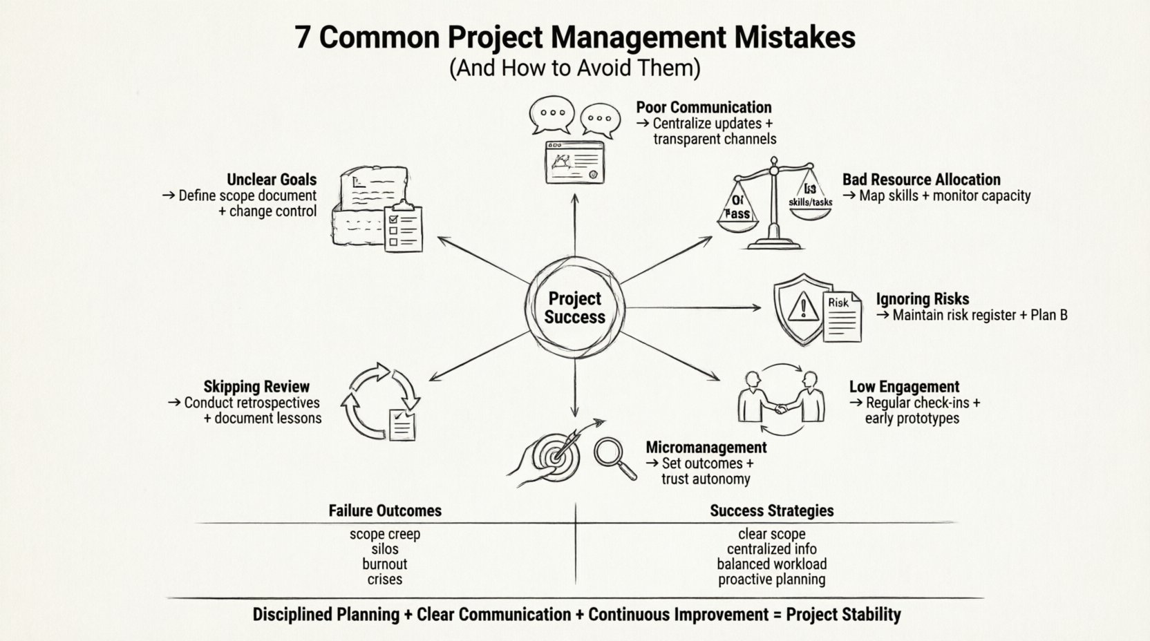 Line art infographic illustrating 7 common project management mistakes that derail teams and how to avoid them: unclear goals with scope creep solutions, poor communication channels with centralization strategies, inadequate resource allocation with capacity monitoring, ignored risk management with proactive registers, lack of stakeholder engagement with feedback loops, micromanagement versus autonomy balance, and skipping post-project reviews with retrospective practices. Clean minimalist black line art design on white background, 16:9 aspect ratio, featuring icons, brief actionable solutions, and a failure-vs-success comparison table for quick visual reference.