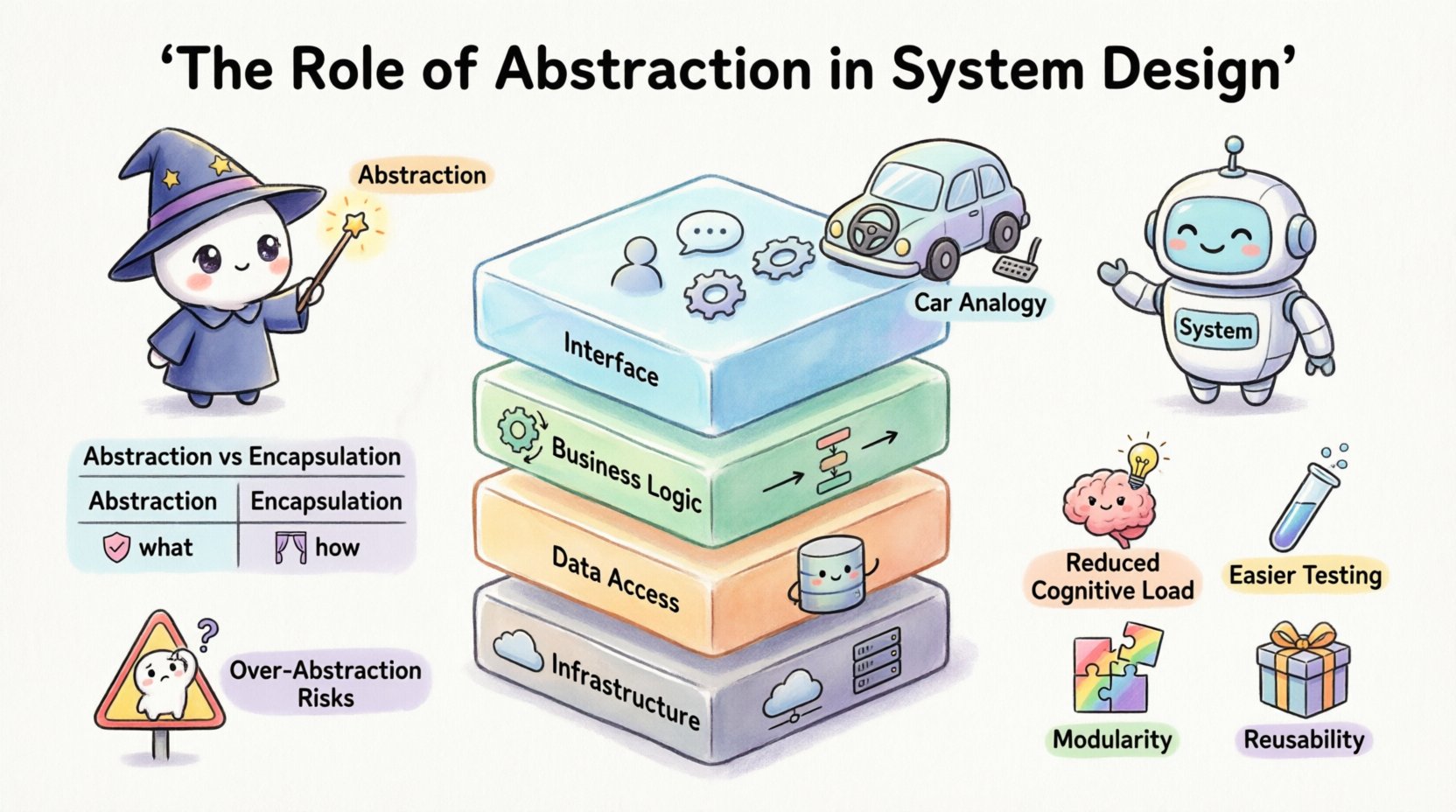 Chibi-style infographic illustrating the role of abstraction in system design: shows layered architecture (interface, business logic, data access, infrastructure), core OOAD principles, benefits like reduced cognitive load and easier testing, abstraction vs encapsulation comparison, and best practices including YAGNI principle, with cute chibi characters, car analogy, and colorful visual elements in 16:9 format