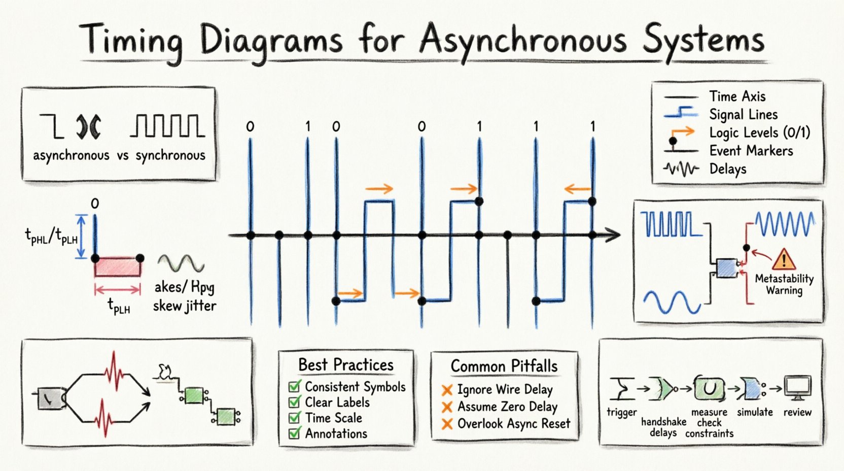 Hand-drawn infographic explaining timing diagrams for asynchronous digital systems, featuring signal waveforms, propagation delay measurements, setup/hold time windows, clock domain crossing synchronizers, race condition detection, and a step-by-step analysis workflow with thick outline sketch style