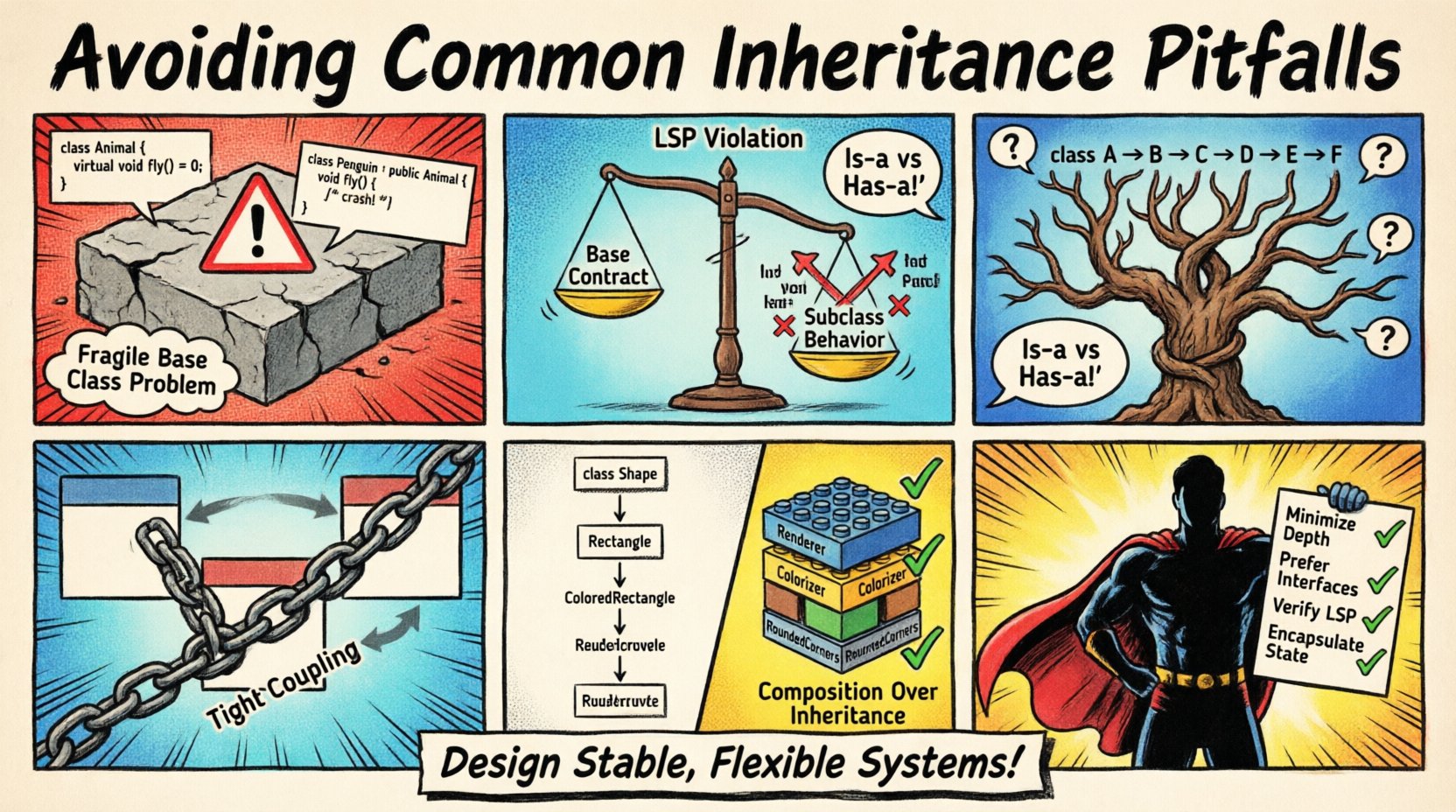 Comic book style infographic summarizing common inheritance pitfalls in object-oriented design including fragile base class problem, Liskov substitution principle violations, deep hierarchies, tight coupling, and composition over inheritance best practices