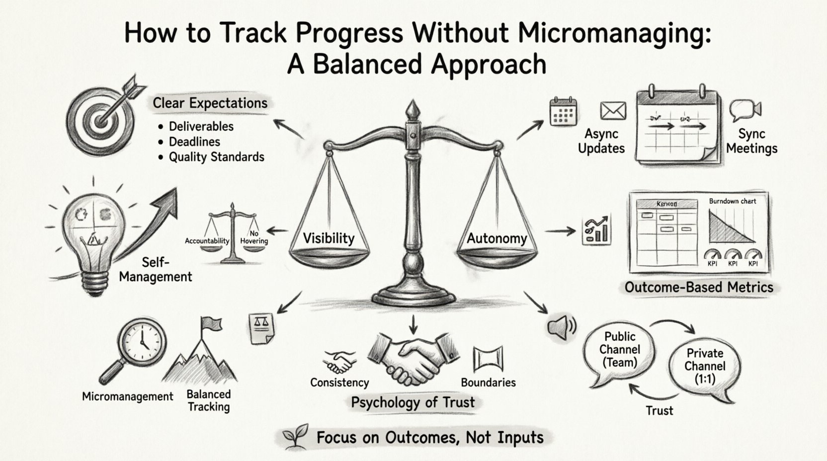 Charcoal sketch infographic showing balanced approach to tracking team progress without micromanaging: features visibility vs autonomy scale, clear expectations framework with deliverables and deadlines, asynchronous vs synchronous update cadence, outcome-based KPI dashboard with Kanban and burndown charts, trust-building communication channels, micromanagement vs balanced tracking comparison table, self-management skills development, and accountability without control principles for sustainable leadership