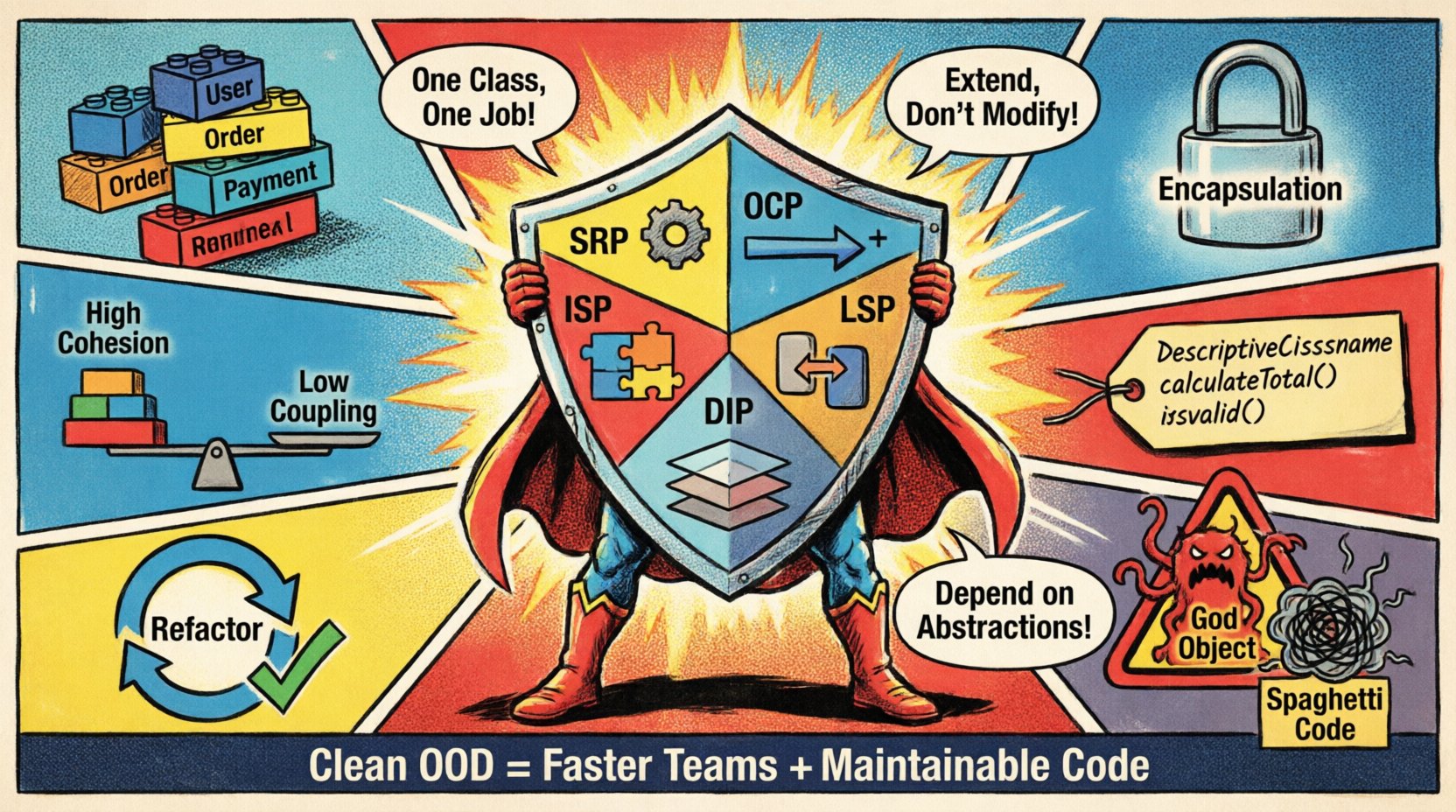 Comic book style infographic illustrating best practices for clean object-oriented design including SOLID principles (Single Responsibility, Open/Closed, Liskov Substitution, Interface Segregation, Dependency Inversion), encapsulation, cohesion vs coupling, naming conventions, and refactoring strategies for building maintainable, scalable software architecture