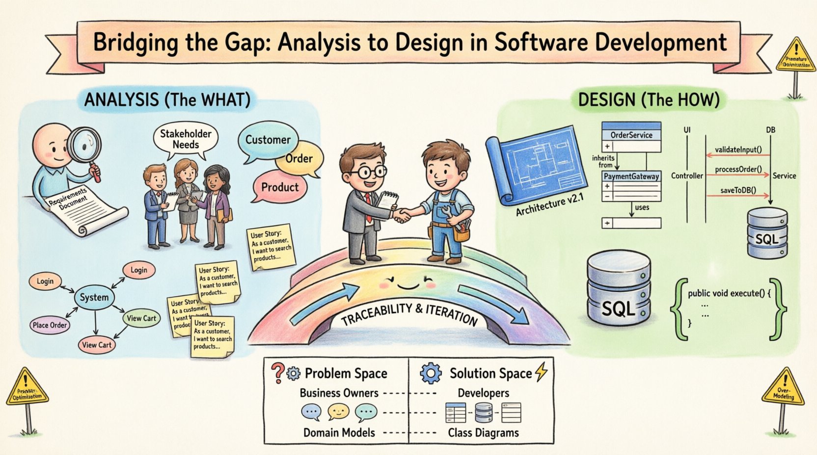 Cartoon infographic illustrating the bridge between software analysis and design phases in Object-Oriented Analysis and Design (OOAD), showing requirements gathering, domain modeling, and use cases on the analysis side transitioning through traceability and iterative refinement to class diagrams, sequence diagrams, and system architecture on the design side, with key artifacts, stakeholder roles, and best practices for seamless integration