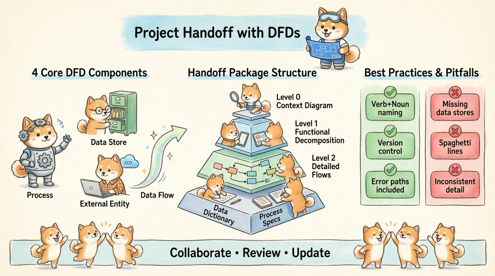Chibi-style infographic illustrating project handoff documentation with effective Data Flow Diagrams (DFDs), featuring the four core DFD components (Process, Data Store, External Entity, Data Flow), handoff package structure from Level 0 to Level 2 diagrams, best practices for naming conventions and version control, common pitfalls to avoid, and collaboration tips for development and operations teams, designed in 16:9 aspect ratio with cute chibi characters and clear visual hierarchy for intuitive understanding