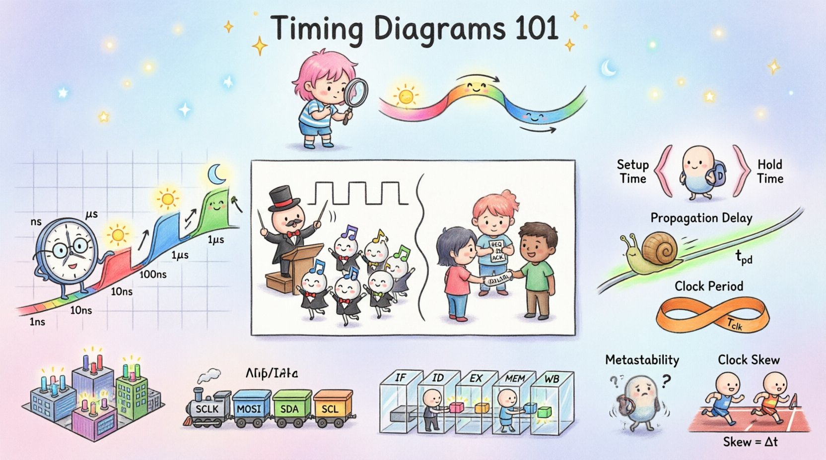 Chibi-style educational infographic explaining timing diagrams for computer science students, featuring cute characters illustrating digital signal transitions, clock synchronization, setup and hold time parameters, synchronous vs asynchronous systems, propagation delay, and real-world applications in memory interfaces and bus protocols, with colorful timeline visualization and playful annotations for intuitive learning