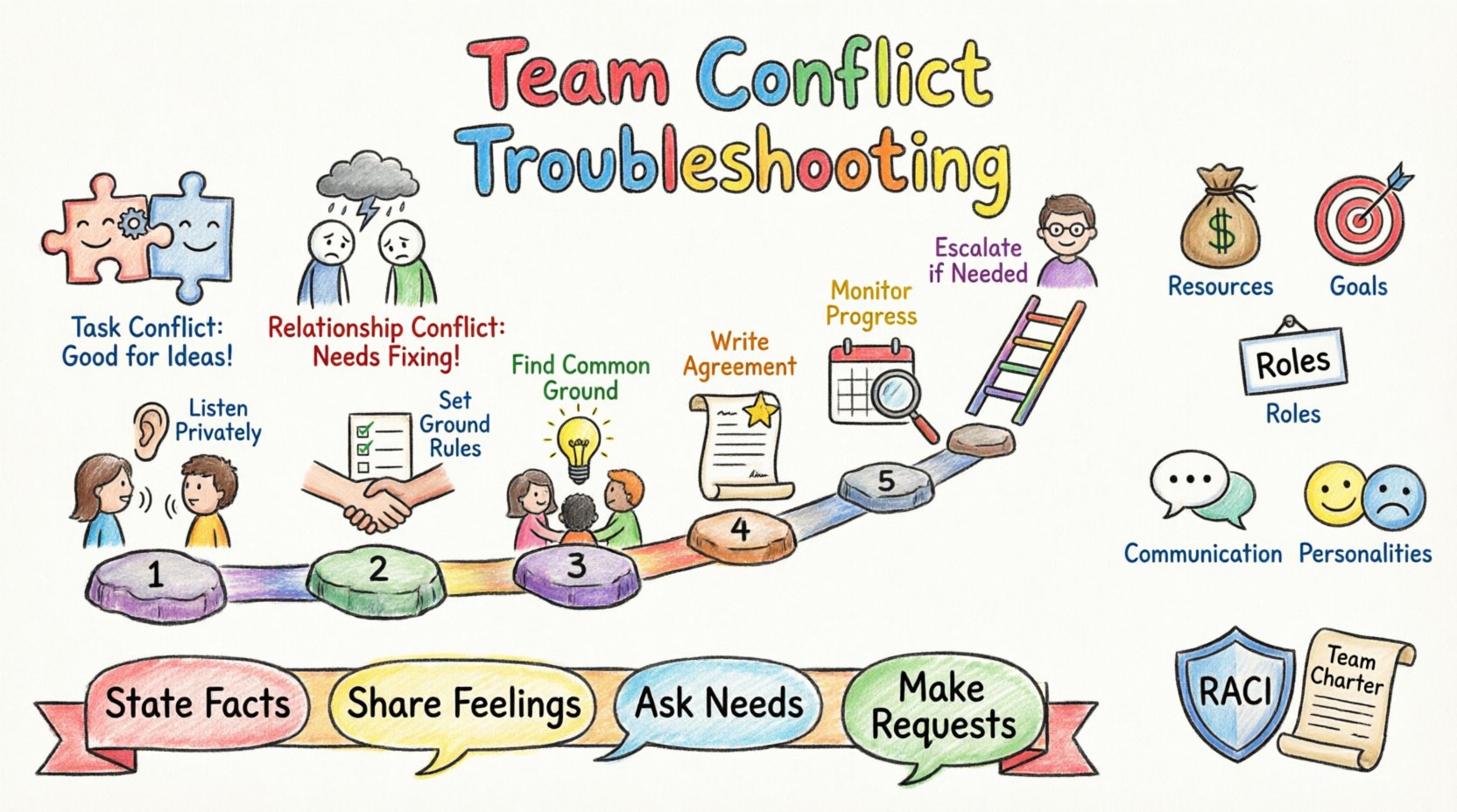 Child-style crayon drawing infographic illustrating a 6-step troubleshooting framework for resolving project team conflicts, showing task vs relationship conflict types, root cause analysis icons, private dialogue steps, joint resolution process, communication techniques like non-violent communication, and prevention strategies with RACI matrix