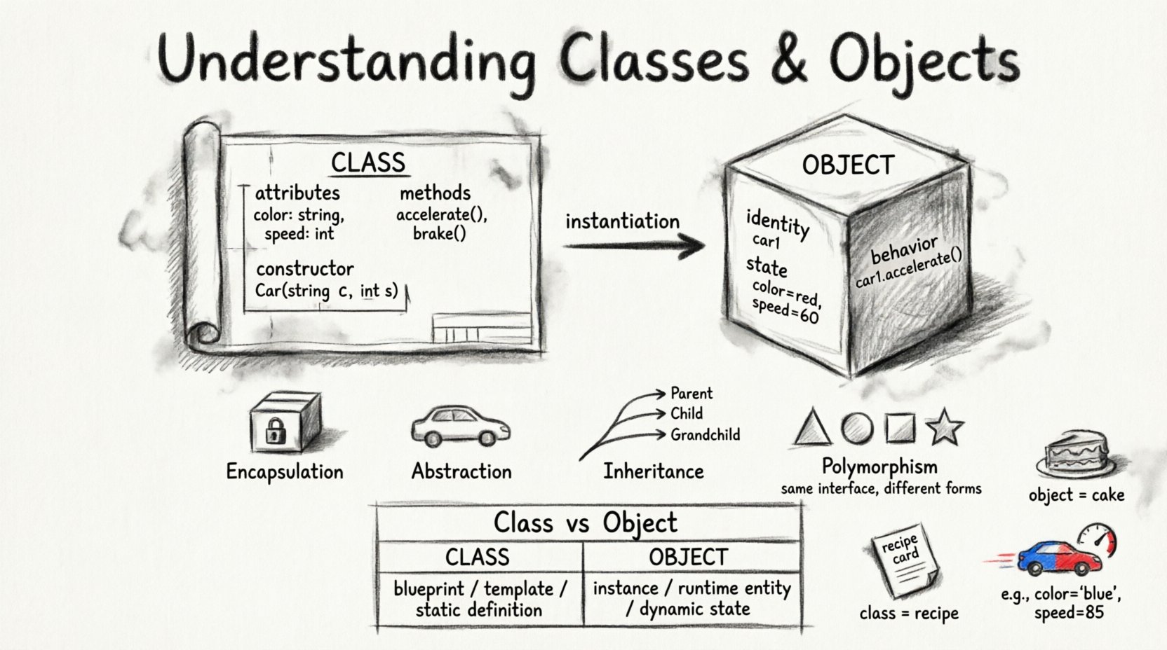 Charcoal contour sketch infographic explaining object-oriented programming fundamentals: class as blueprint with attributes, methods, and constructors versus object as instance with identity, state, and behavior, featuring the four pillars of OOP—encapsulation, abstraction, inheritance, and polymorphism—with visual metaphors like recipe-to-cake and blueprint-to-building