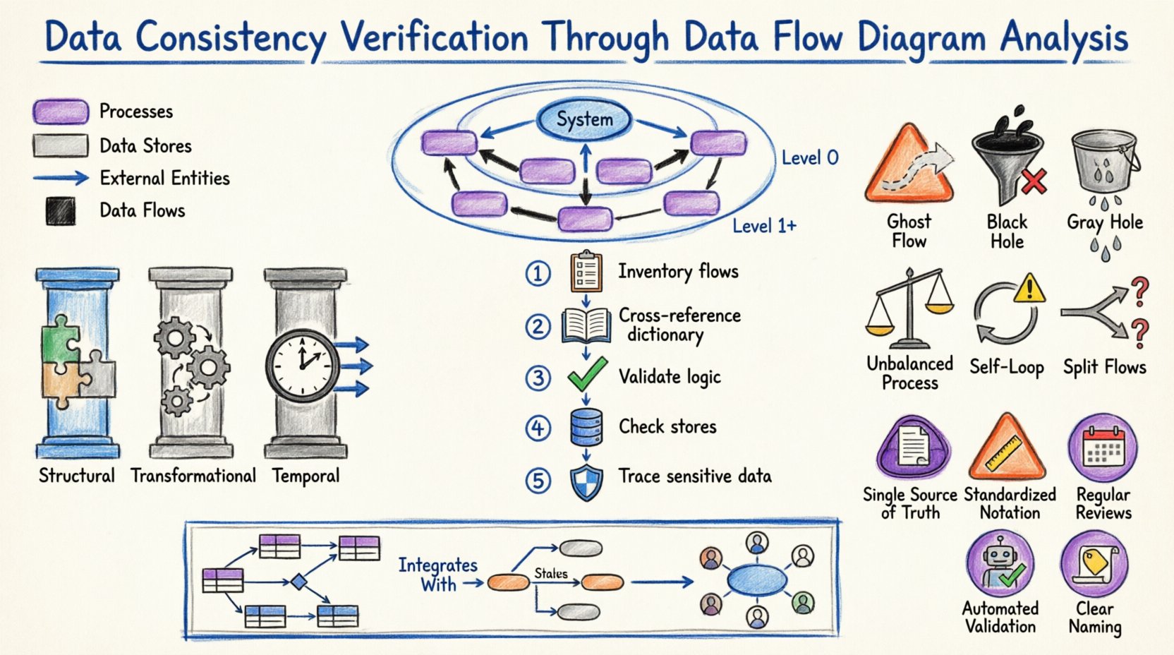 Marker-style infographic illustrating data consistency verification through Data Flow Diagram analysis, featuring three consistency pillars (structural, transformational, temporal), hierarchical DFD levels from context to detailed decomposition, five-step verification protocol flowchart, common inconsistency pattern icons including black holes and ghost flows, data dictionary integration, and best practices for maintaining data integrity in system architecture design