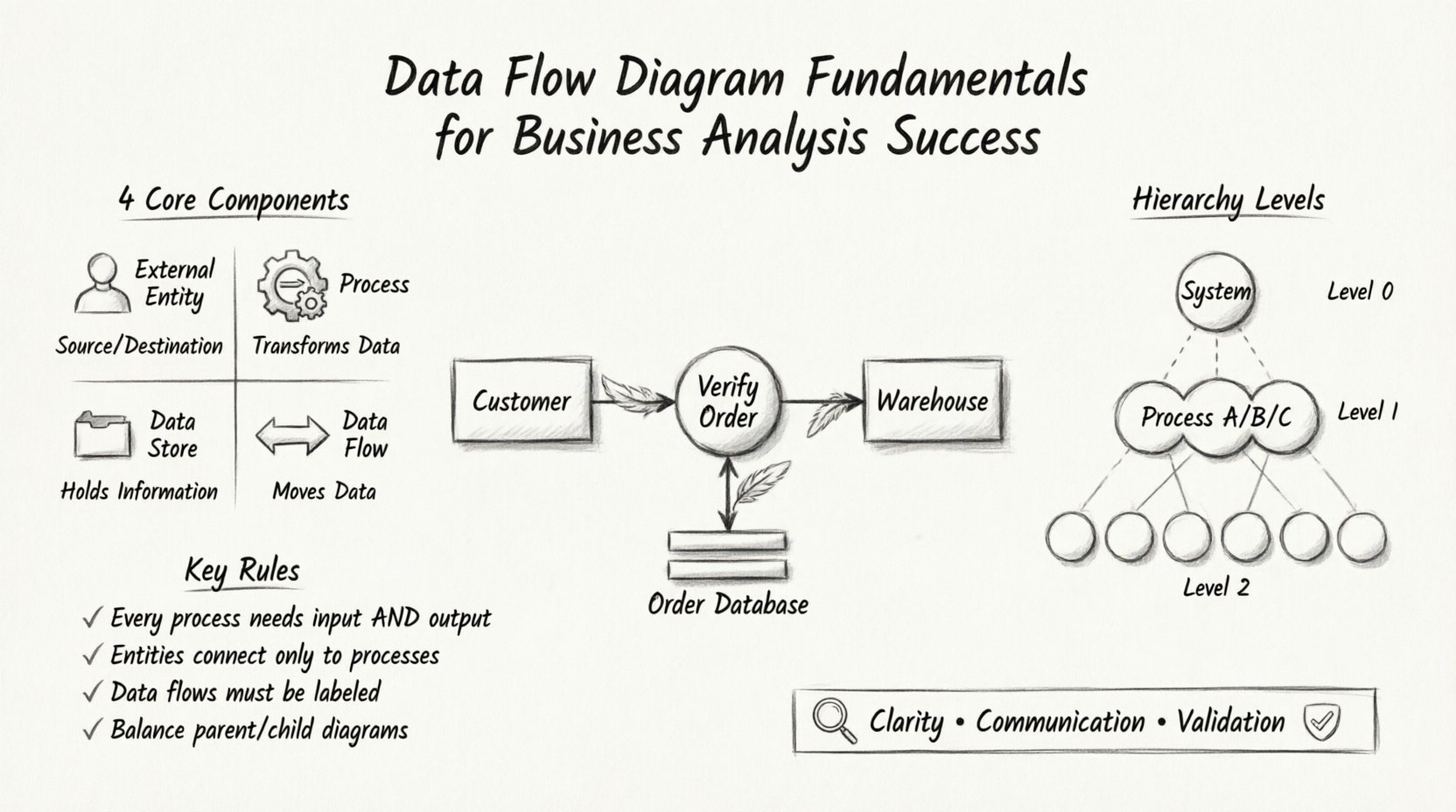 Sketch-style infographic illustrating Data Flow Diagram fundamentals for business analysis: shows the four core components (external entities as rectangles, processes as circles, data stores as parallel lines, and labeled data flow arrows), hierarchical decomposition from Context Diagram Level 0 through Level 2, key modeling rules including balancing and naming conventions, and best practices for creating clear system documentation that bridges technical and non-technical stakeholders