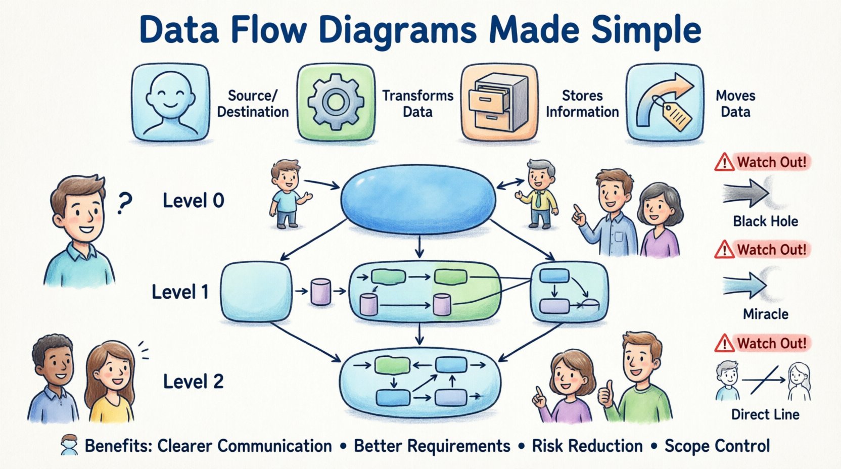 Cartoon infographic explaining Data Flow Diagram (DFD) notation for non-technical stakeholders, showing the four core symbols (External Entity, Process, Data Store, Data Flow), three diagram levels (Context, Level 1, Level 2), common mistakes to avoid, and key benefits for business stakeholders