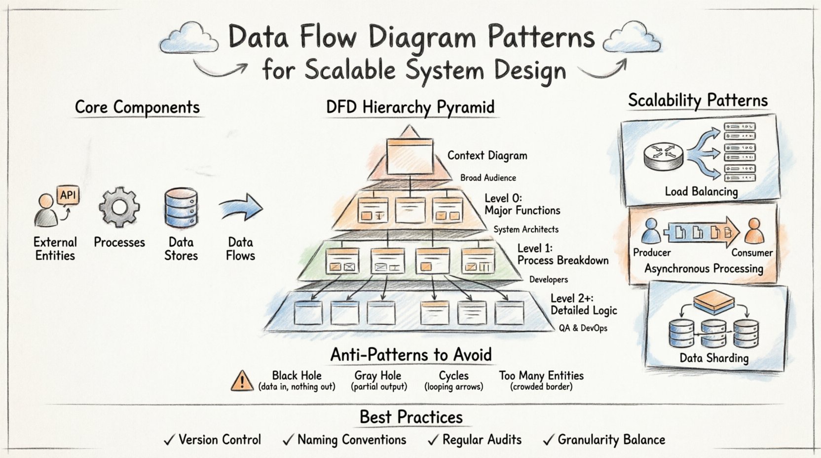 Hand-drawn infographic illustrating Data Flow Diagram patterns for scalable system design, featuring core components (external entities, processes, data stores, data flows), DFD hierarchy pyramid from context to detailed levels, three scalability patterns (load balancing with router/replication, asynchronous processing with message queues, data sharding with caching), common anti-patterns to avoid (black hole, gray hole, cycles, entity overload), and best practices checklist for maintenance, all rendered in warm sketchy pencil style with watercolor accents