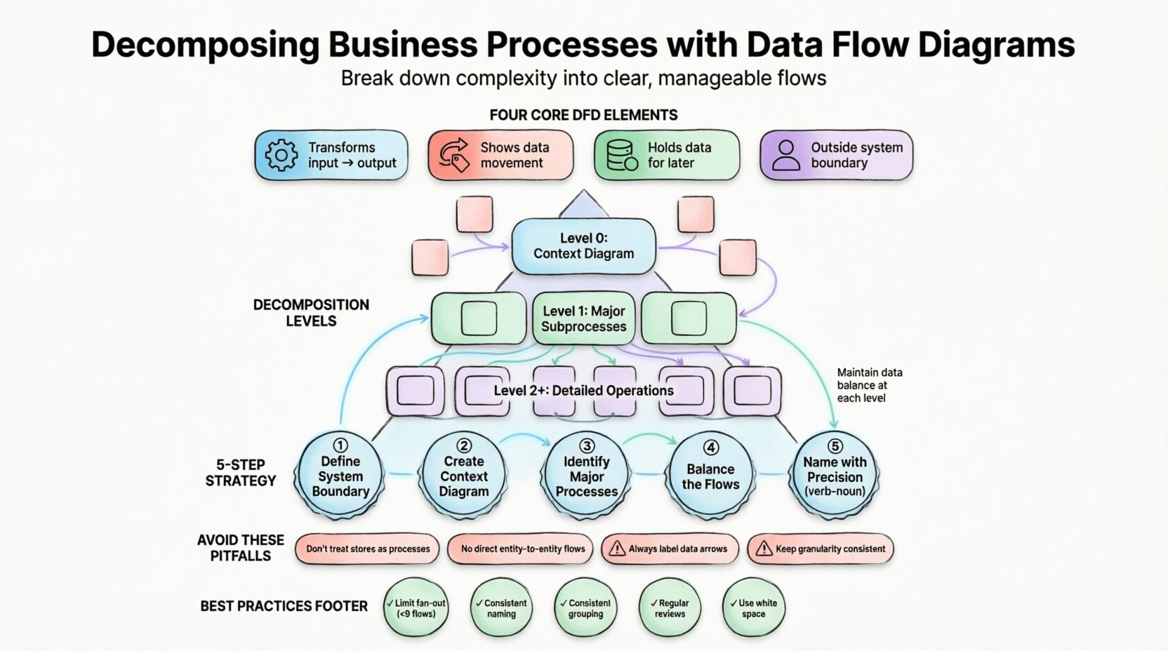Educational infographic: Data Flow Diagram decomposition for business processes. Shows four core DFD elements (processes, data flows, data stores, external entities), hierarchical decomposition levels from context diagram to detailed operations, five-step strategy for structured modeling, and common pitfalls to avoid. Clean flat design with pastel colors, rounded shapes, and black outlines for student-friendly learning.
