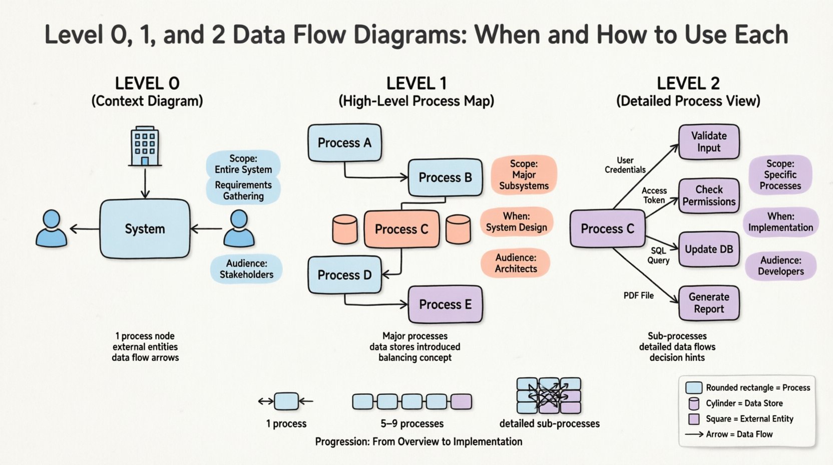 Educational infographic illustrating the three-tier hierarchy of Data Flow Diagrams: Level 0 Context Diagram showing system boundaries with external entities, Level 1 High-Level Process Map displaying 5-9 major processes with data stores, and Level 2 Detailed Process View breaking down specific functions with sub-processes and detailed data flows, designed with clean flat style, pastel colors, and rounded shapes for student-friendly learning