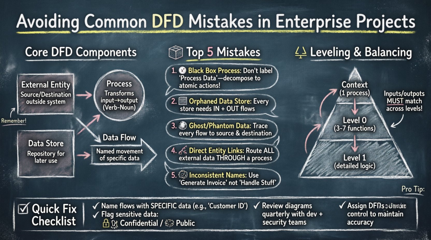 Chalkboard-style educational infographic illustrating common Data Flow Diagram mistakes in enterprise projects: shows 4 core DFD components (External Entities, Processes, Data Stores, Data Flows), top 5 pitfalls (black box processes, orphaned data stores, ghost flows, direct entity links, inconsistent naming), leveling hierarchy (Context→Level 0→Level 1), and best practices checklist for security and maintenance, designed with hand-written teacher aesthetic for easy comprehension