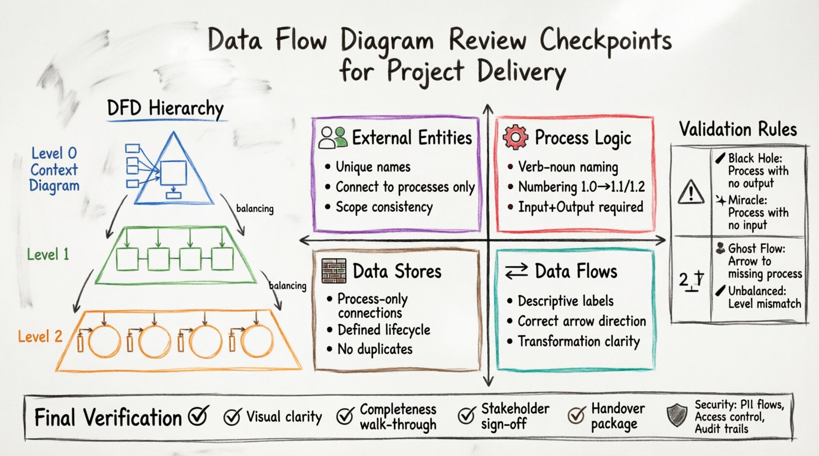 Hand-drawn whiteboard infographic illustrating Data Flow Diagram review checkpoints for project delivery, featuring DFD hierarchy levels (Context/Level 0, Level 1, Level 2), four core verification areas (external entities, process logic, data flow directionality, data store management), validation rules table with common errors (black hole, miracle, ghost flow, unbalanced flow), security considerations, and final verification checklist, all rendered in colorful marker-style sketches on a whiteboard background for intuitive system analysis guidance