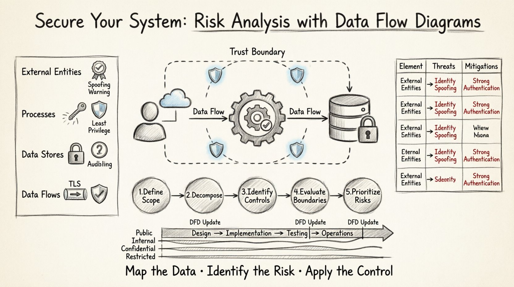 Sketch-style infographic illustrating risk identification and mitigation using Data Flow Diagram analysis, showing DFD elements (external entities, processes, data stores, data flows) with security implications, trust boundaries, threat matrix, 5-step risk analysis process, and SDLC integration for proactive system security design