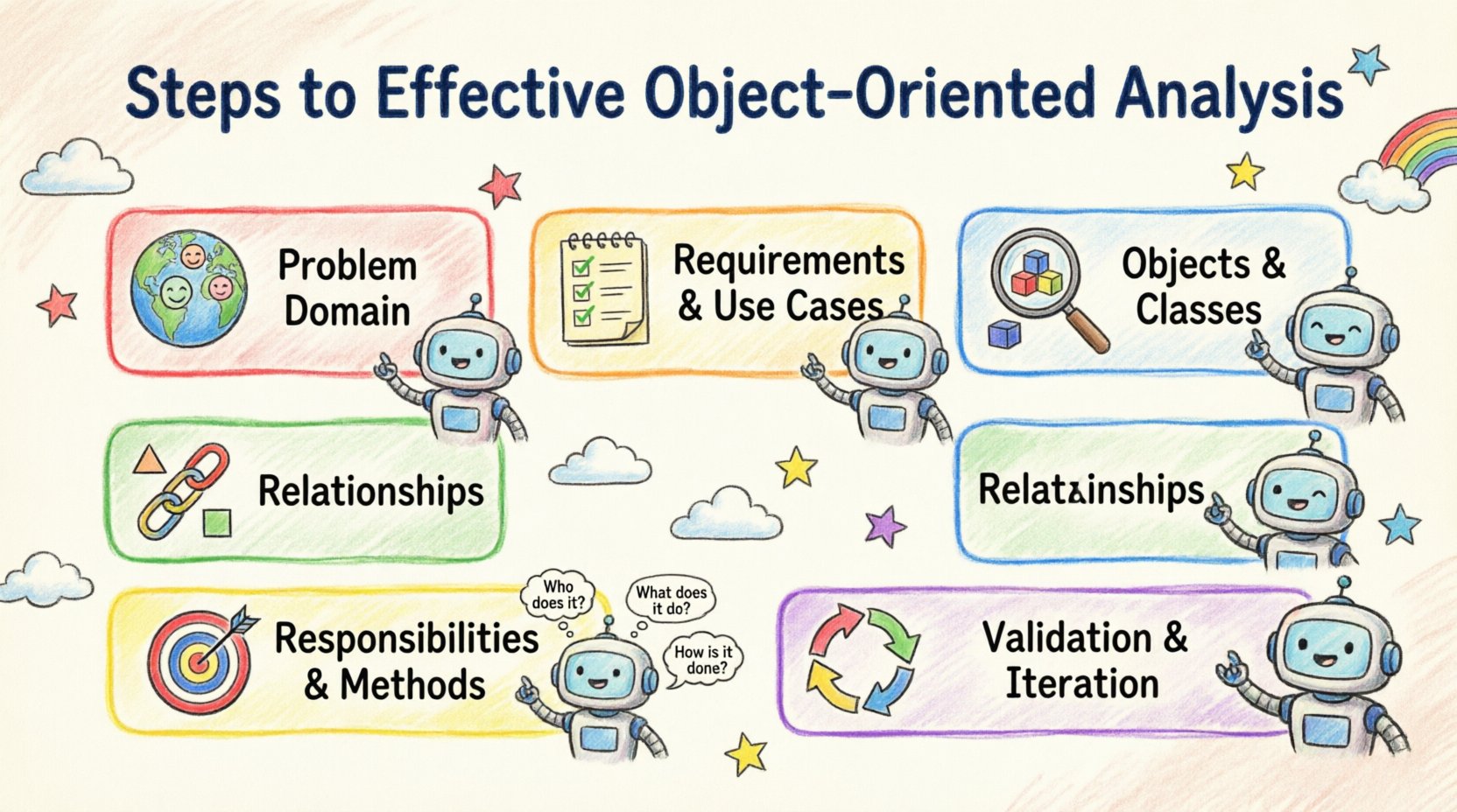 Child-style infographic illustrating the 6 key steps to effective Object-Oriented Analysis: understanding problem domain, gathering requirements, identifying objects and classes, defining relationships, specifying responsibilities and methods, and validation with iteration - presented with colorful crayon drawings, playful icons, and a friendly character for accessible educational learning