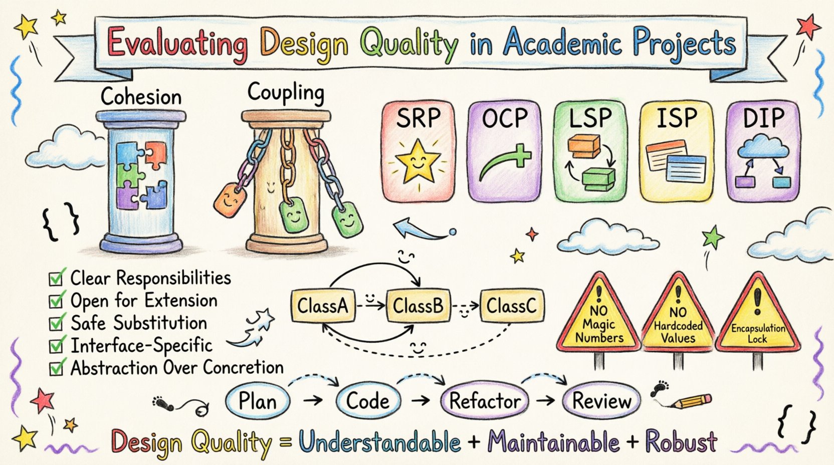 Child-style infographic summarizing design quality evaluation for academic OOAD projects: illustrates cohesion (puzzle pieces), coupling (loose links), five SOLID principles with icons, UML diagram doodles, quality checklist with green checkmarks, common pitfalls warning signs, and iterative design cycle arrows, all in colorful crayon-drawn aesthetic with 16:9 layout