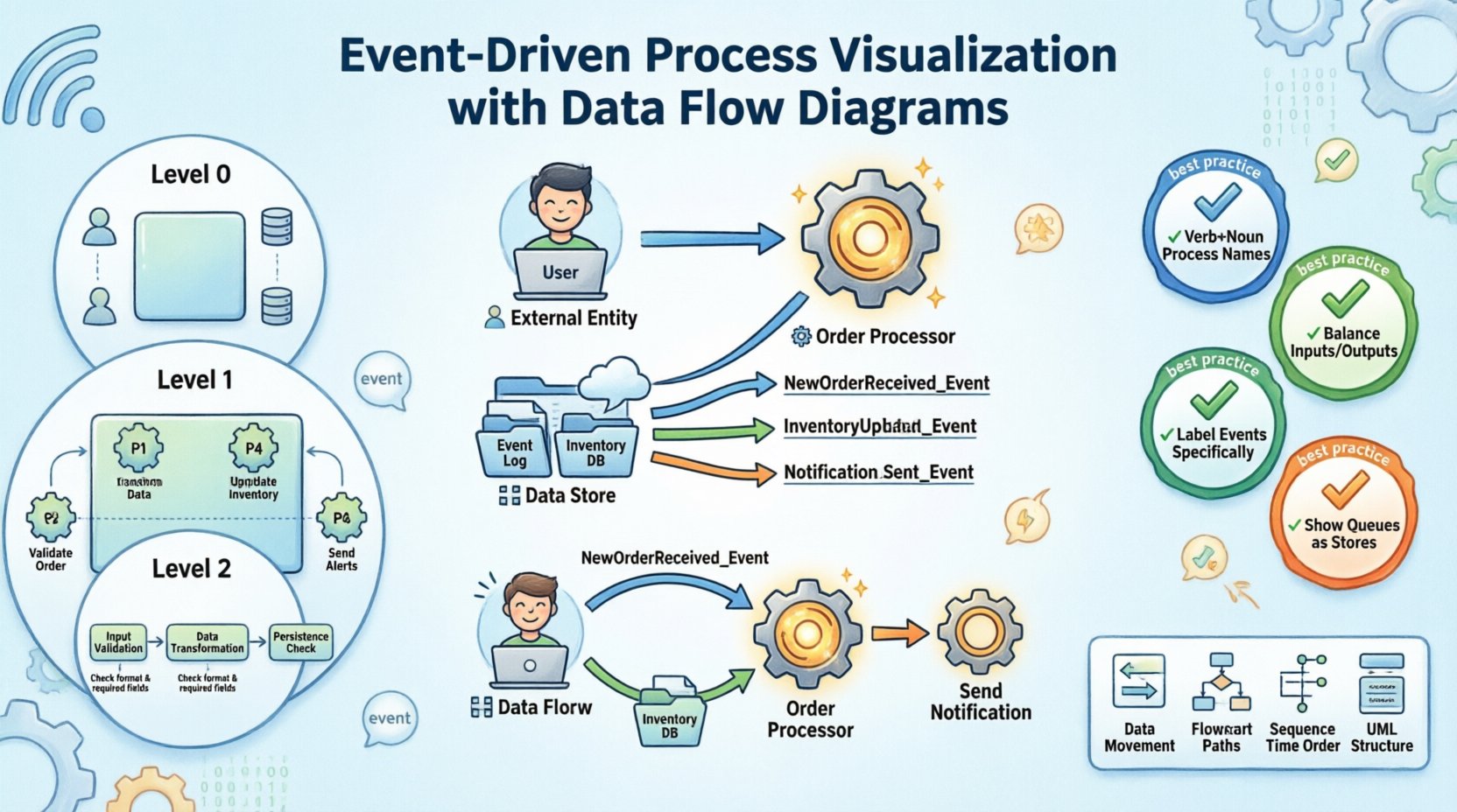 Cartoon infographic illustrating Event-Driven Process Visualization using Data Flow Diagrams (DFD), featuring core components (external entities, processes, data stores, data flows), asynchronous event flow example, hierarchical abstraction levels (Level 0-2), and best practices for mapping event-driven architecture systems