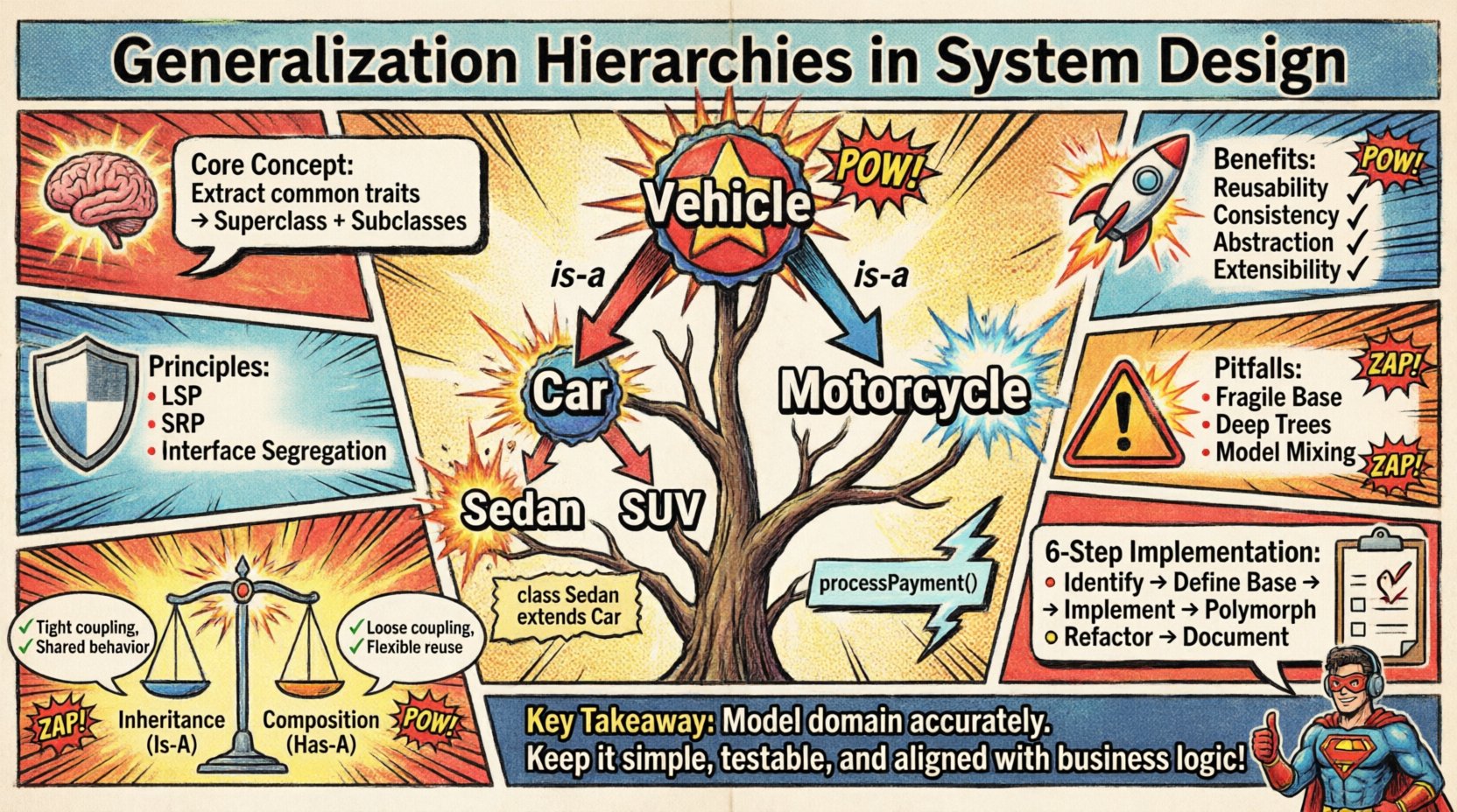 Comic book style infographic summarizing Generalization Hierarchies in System Design: features a central inheritance tree diagram (Vehicle → Car → Sedan), surrounded by dynamic panels covering core concepts (is-a relationships, polymorphism), key benefits (code reusability, abstraction), design principles (LSP, SRP), common pitfalls (fragile base class, deep hierarchies), inheritance vs composition comparison, and a 6-step implementation checklist. Vibrant colors, bold outlines, halftone patterns, and action-word bubbles enhance the educational content for object-oriented design learners.
