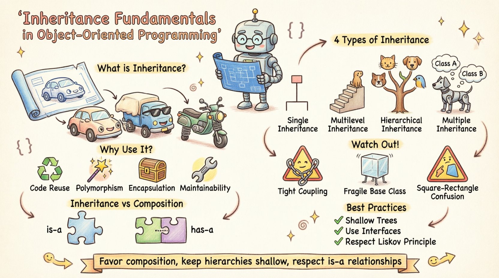 Whimsical infographic summarizing inheritance fundamentals in Object-Oriented Programming: illustrates what inheritance is, four types (single, multilevel, hierarchical, multiple), benefits like code reusability and polymorphism, common pitfalls like tight coupling and fragile base classes, best practices including favoring composition and shallow hierarchies, and a visual comparison of inheritance vs composition with playful vehicle blueprints, family tree diagrams, and friendly character illustrations