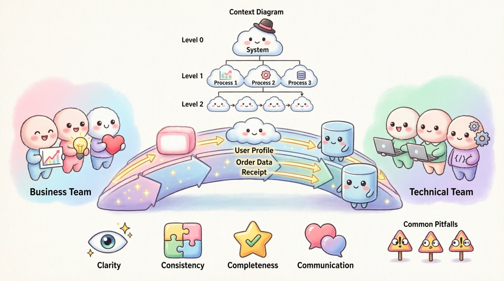 Kawaii-style infographic showing how Data Flow Diagrams bridge business and technical teams, featuring cute pastel characters representing stakeholders and developers connected by colorful data flow arrows, with labeled DFD symbols (external entities, processes, data stores), hierarchical abstraction levels (Context/Level 0, Level 1, Level 2), and four core benefits: clarity, consistency, completeness, and communication, all in a playful 16:9 layout designed for team alignment and visual learning
