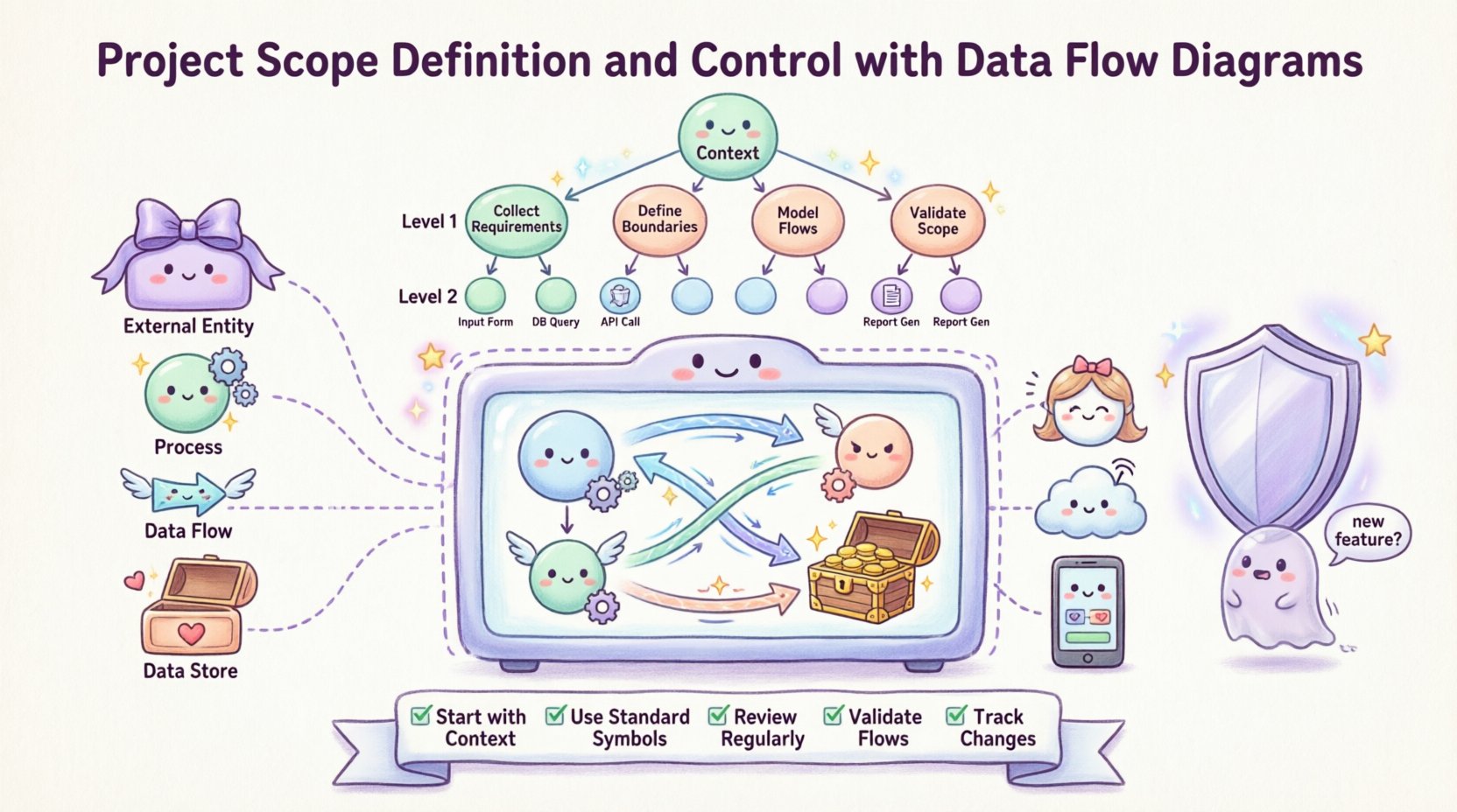 Kawaii-style infographic illustrating project scope definition and control using Data Flow Diagrams (DFDs), featuring cute visual representations of external entities, processes, data flows, and data stores within a system boundary, showing DFD hierarchy levels from Context Diagram to Level 2, scope creep prevention shield, and five best practices checklist for effective project management