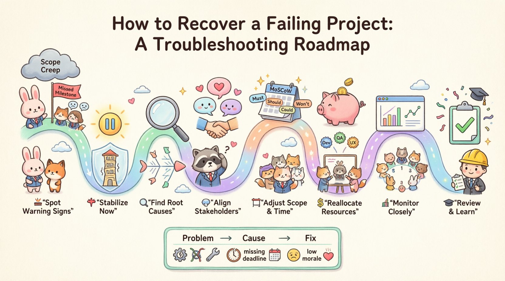 Kawaii-style infographic showing an 8-step troubleshooting roadmap to recover a failing project, featuring cute pastel illustrations of warning signs identification, stabilization measures, root cause analysis, stakeholder alignment, scope adjustment, resource reallocation, rigorous monitoring, and post-recovery review, with friendly characters and clear visual flow in 16:9 format