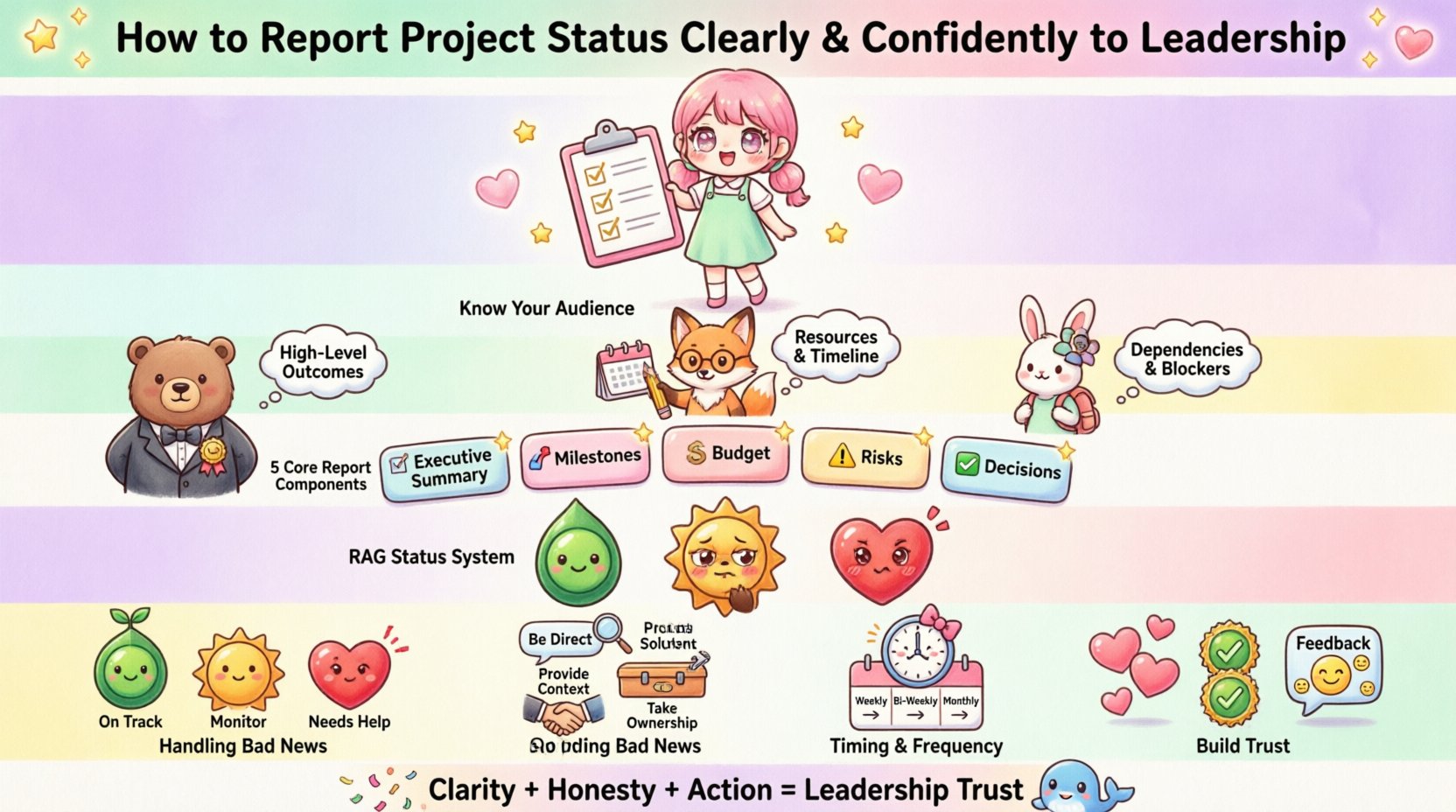 Kawaii-style infographic in 16:9 ratio showing how to report project status to leadership, featuring cute characters illustrating audience types, five core report components, RAG status system with green-amber-red indicators, professional communication tips for bad news, timing best practices, and trust-building strategies in soft pastel colors with playful icons and minimal text