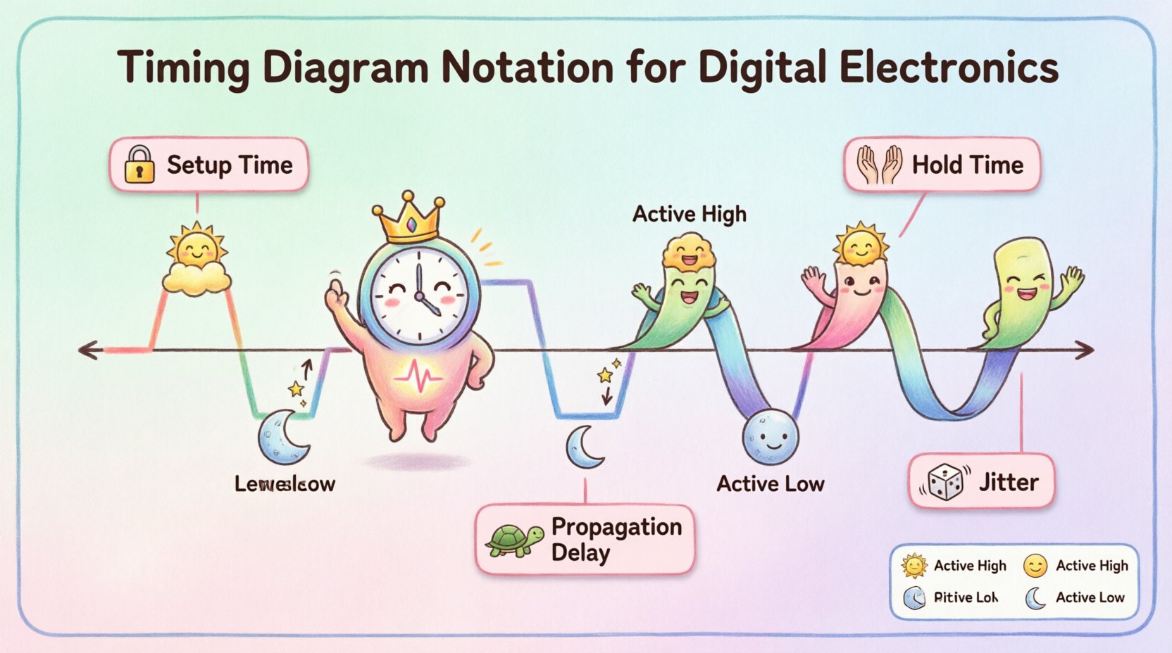 Cute kawaii-style infographic explaining timing diagram notation for digital electronics, featuring adorable signal wave characters, clock timing references, logic levels, setup/hold times, and edge transitions in pastel colors with clear English labels