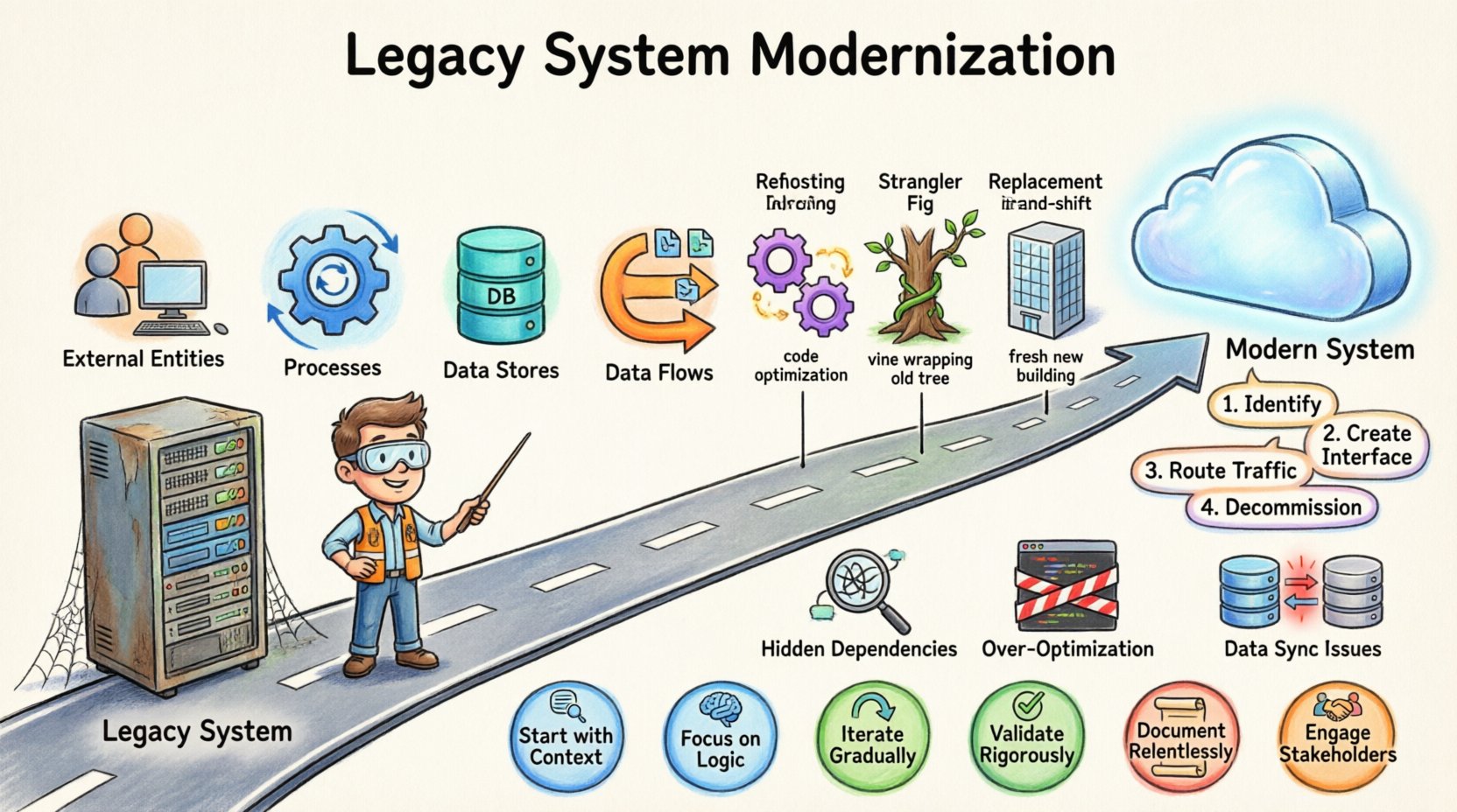 Cartoon infographic illustrating legacy system modernization strategies using Data Flow Diagrams: shows DFD core components (external entities, processes, data stores, data flows), pre-migration analysis steps, four modernization patterns comparison (rehosting, refactoring, strangler fig, replacement), Strangler Fig implementation workflow, common pitfalls with mitigation tips, and six best practices for successful system transformation