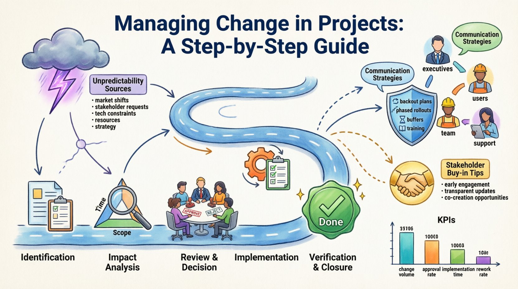 Cartoon infographic illustrating a 5-step change management process for unpredictable project workflows: identification, impact analysis, review/decision, implementation, and verification. Features visual elements for unpredictability sources, communication strategies, risk mitigation shields, stakeholder engagement, and KPI metrics in vibrant 16:9 layout with clear workflow roadmap.