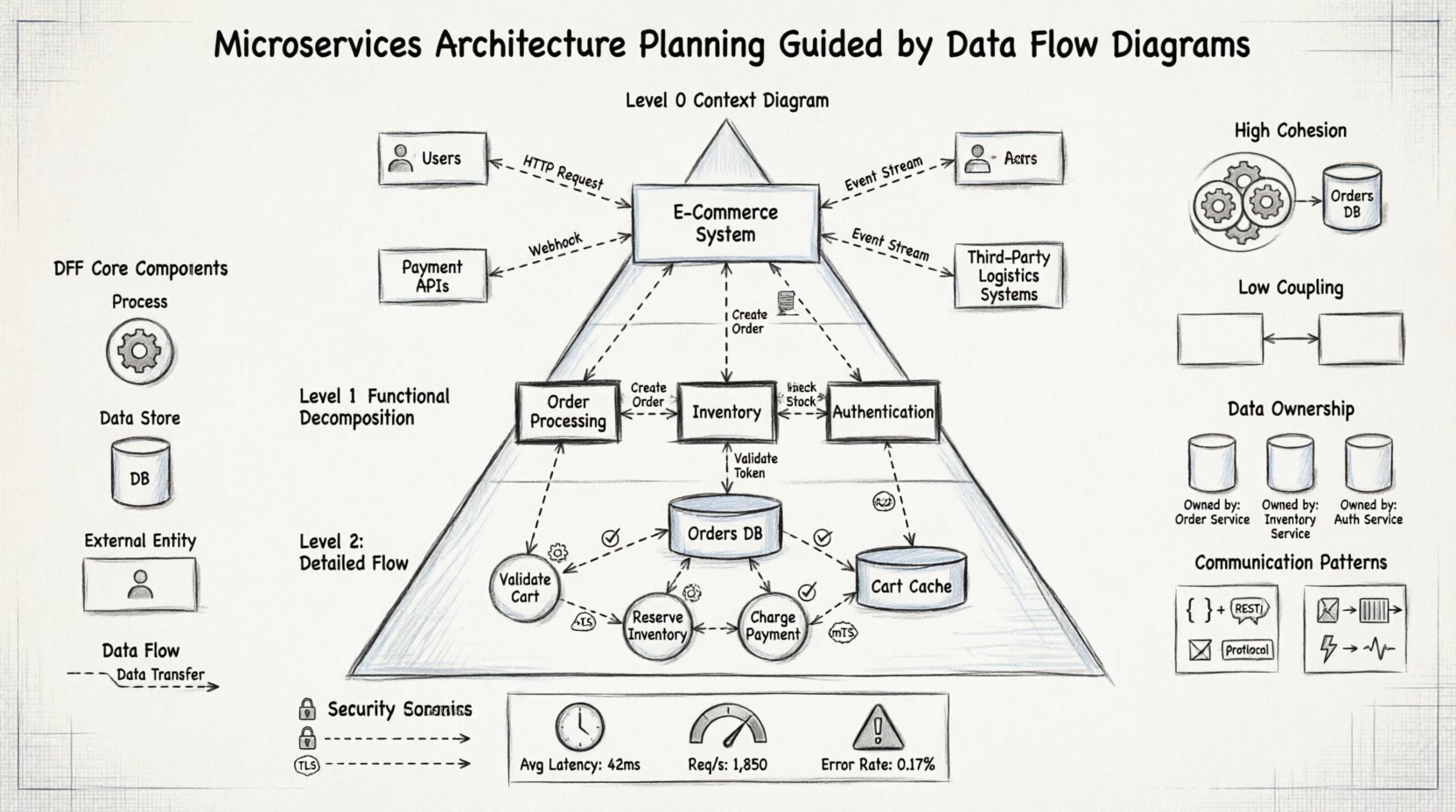 Sketch-style infographic illustrating microservices architecture planning using Data Flow Diagrams: shows hierarchical DFD levels (Context, Functional Decomposition, Detailed Flow), core DFD components (processes, data stores, external entities, data flows), service boundary mapping principles (high cohesion, low coupling), data ownership patterns, synchronous vs asynchronous communication, and security considerations for distributed systems design