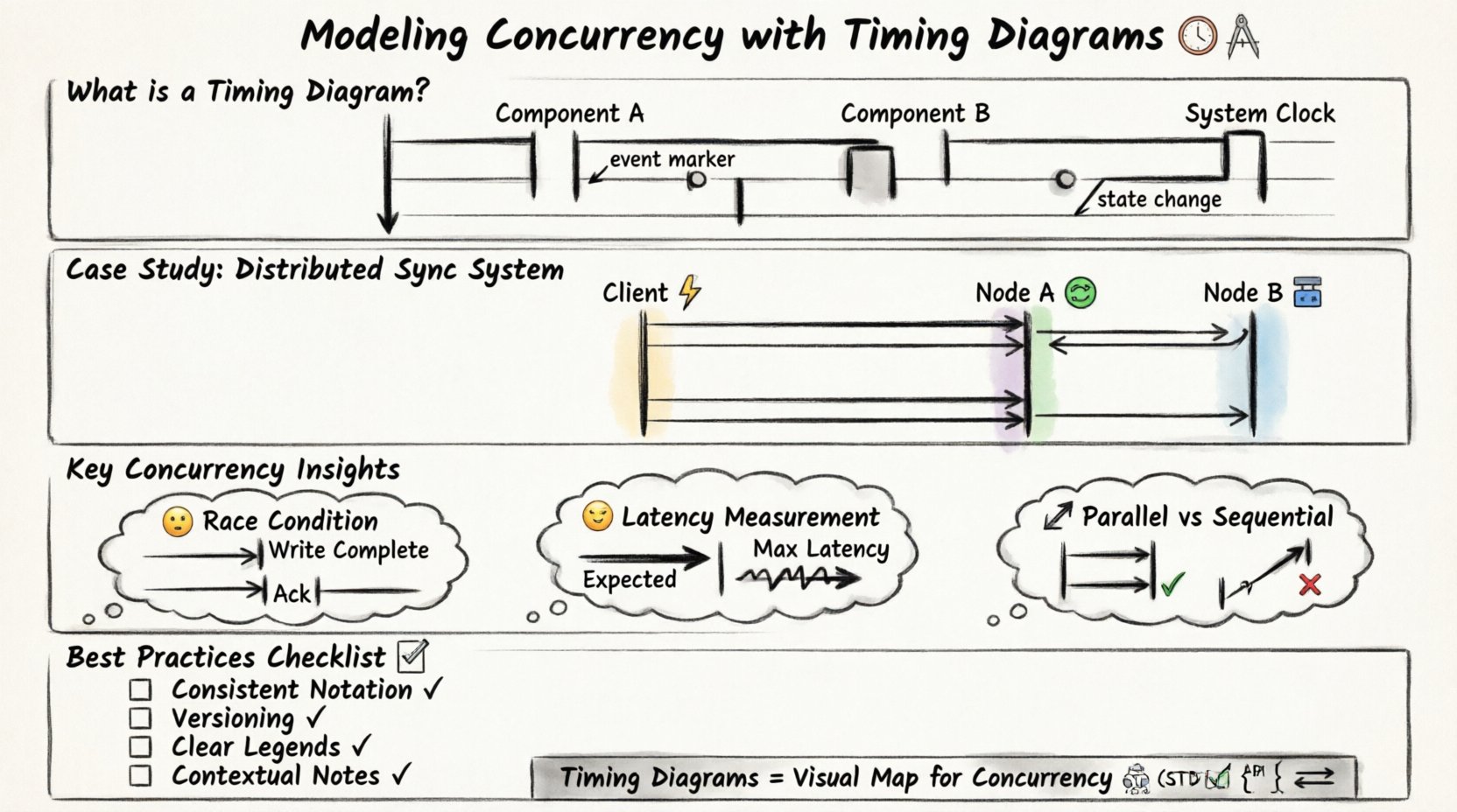 Hand-drawn infographic illustrating concurrency modeling with UML timing diagrams, showing case study of distributed data synchronization with Client, Middleware, and Database Nodes, visualizing parallel vs sequential execution patterns, race conditions, latency measurement, and best practices for system architecture design