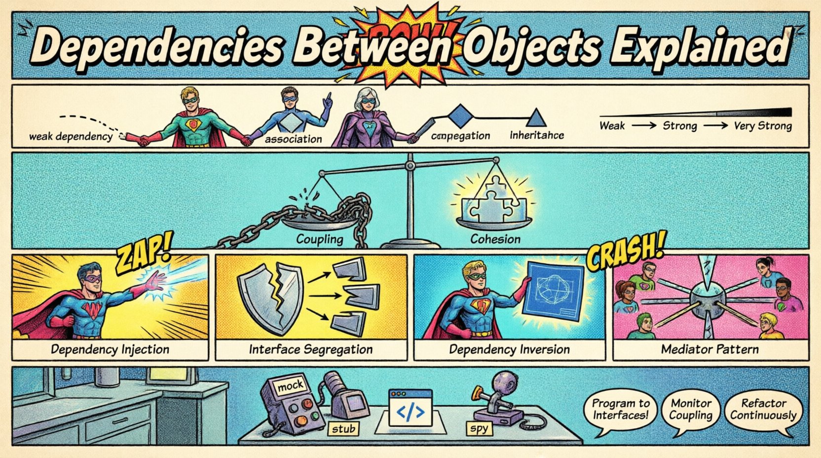 Comic book style infographic explaining object dependencies in Object-Oriented Analysis and Design, visualizing five relationship types (dependency, association, aggregation, composition, inheritance) with strength indicators, coupling versus cohesion balance scale, four dependency management patterns (dependency injection, interface segregation, dependency inversion principle, mediator pattern), testing strategies with mocks and stubs, and key takeaways for building maintainable, loosely-coupled software architectures
