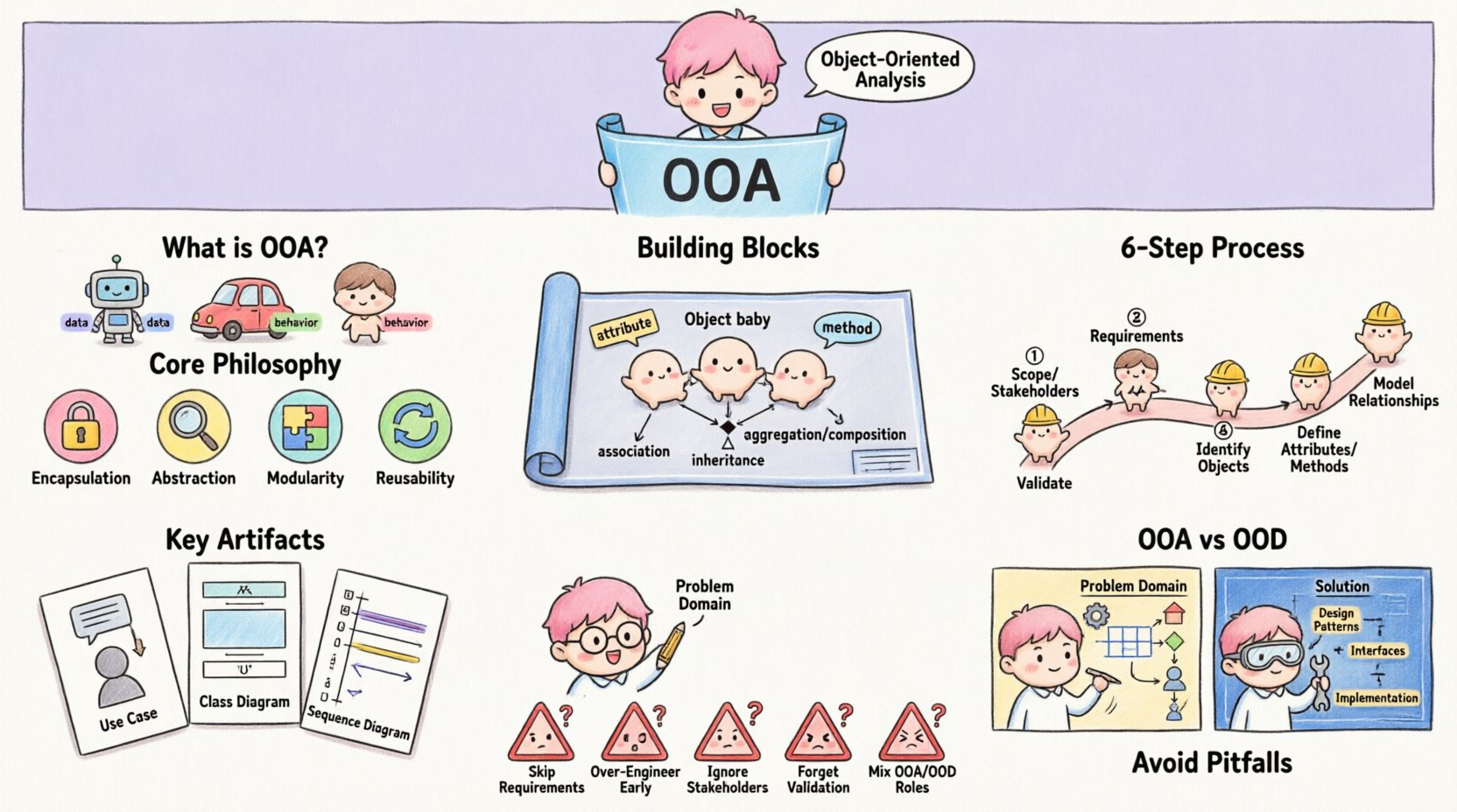 Chibi-style infographic explaining Object-Oriented Analysis (OOA) for beginners: cute characters representing classes and objects, visual icons for encapsulation, abstraction, modularity, and reusability, 6-step OOA process flowchart, key UML artifacts (use case, class, sequence diagrams), OOA vs OOD comparison, and common pitfalls to avoid, all in a colorful 16:9 educational layout designed for new software developers