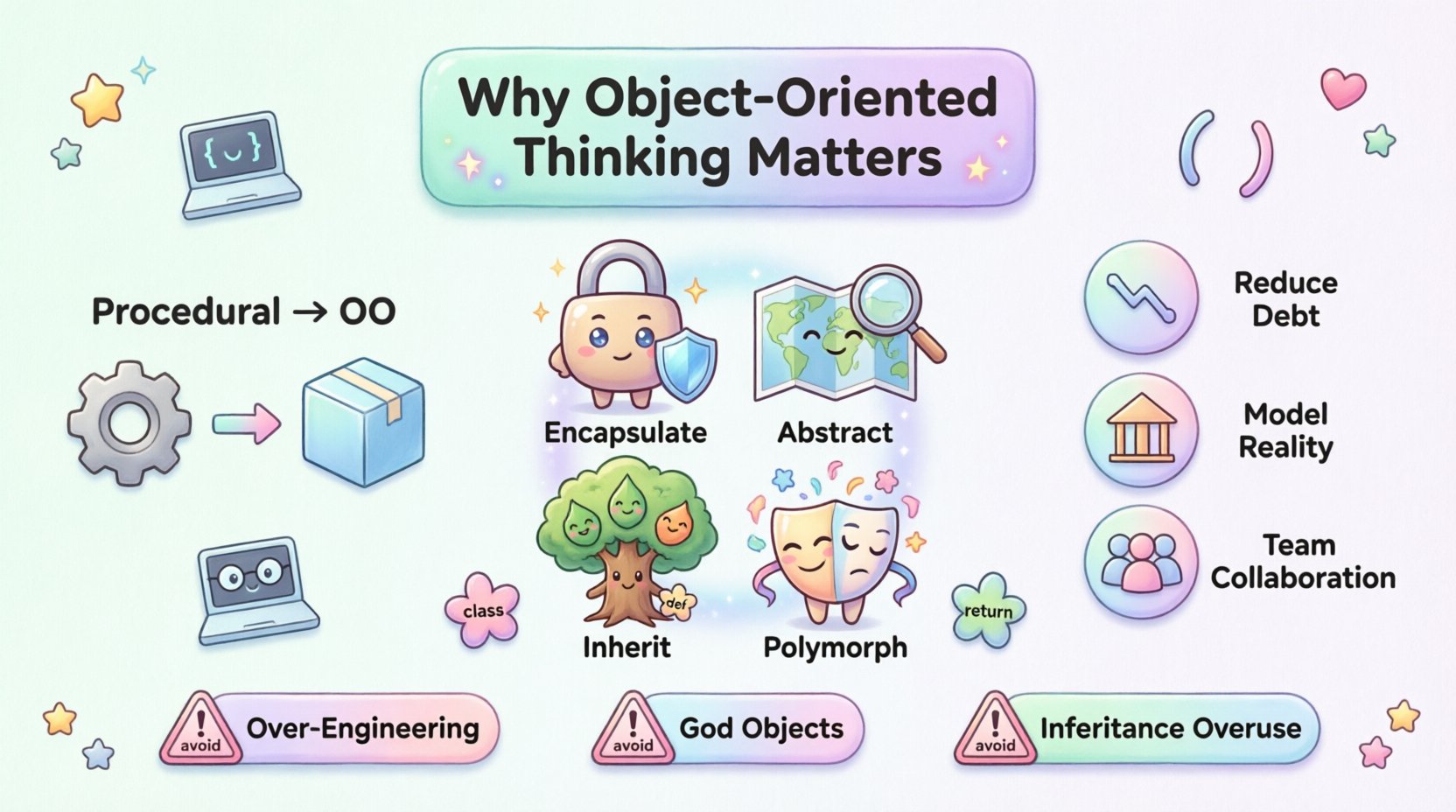 Kawaii-style infographic summarizing Object-Oriented Thinking principles: encapsulation, abstraction, inheritance, and polymorphism, with cute mascots, procedural vs OO comparison, benefits like reduced technical debt and better team collaboration, and common pitfalls to avoid, designed for software developers learning OOAD