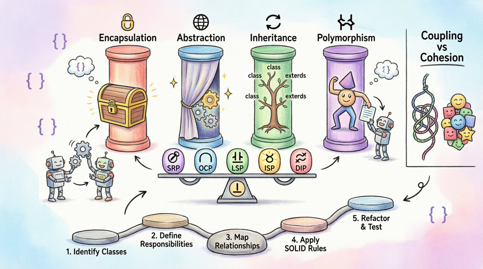 Whimsical infographic summarizing Object-Oriented Design fundamentals: the four pillars (Encapsulation, Abstraction, Inheritance, Polymorphism), SOLID principles, coupling vs cohesion metrics, and practical steps for building maintainable software architecture
