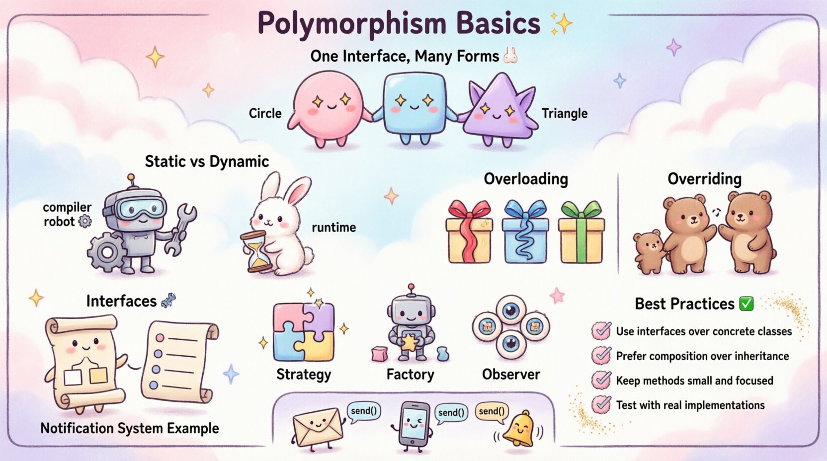 Kawaii-style infographic explaining polymorphism in object-oriented programming: cute shape characters demonstrating one interface many forms, static vs dynamic binding comparison, overloading vs overriding visual guide, interfaces and design patterns overview, best practices checklist, and notification system example with pastel colors and adorable mascots for beginner-friendly learning