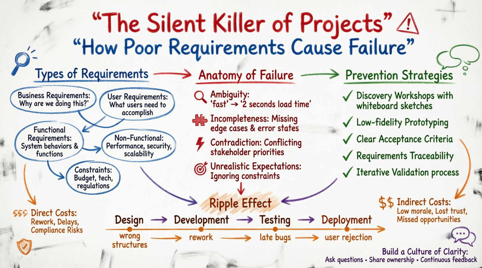 Hand-drawn whiteboard infographic: The Silent Killer of Projects - How Poor Requirements Cause Failure. Visualizes five requirement types (business, user, functional, non-functional, constraints), four failure patterns (ambiguity, incompleteness, contradiction, unrealistic expectations), prevention strategies (discovery workshops, prototyping, acceptance criteria, traceability, iterative validation), ripple effects across project lifecycle phases, and direct/indirect costs of unclear requirements. Color-coded with marker-style visuals: red for problems, blue for definitions, green for solutions, orange for impacts, purple for communication. Includes actionable tips for building a culture of clarity in project management.