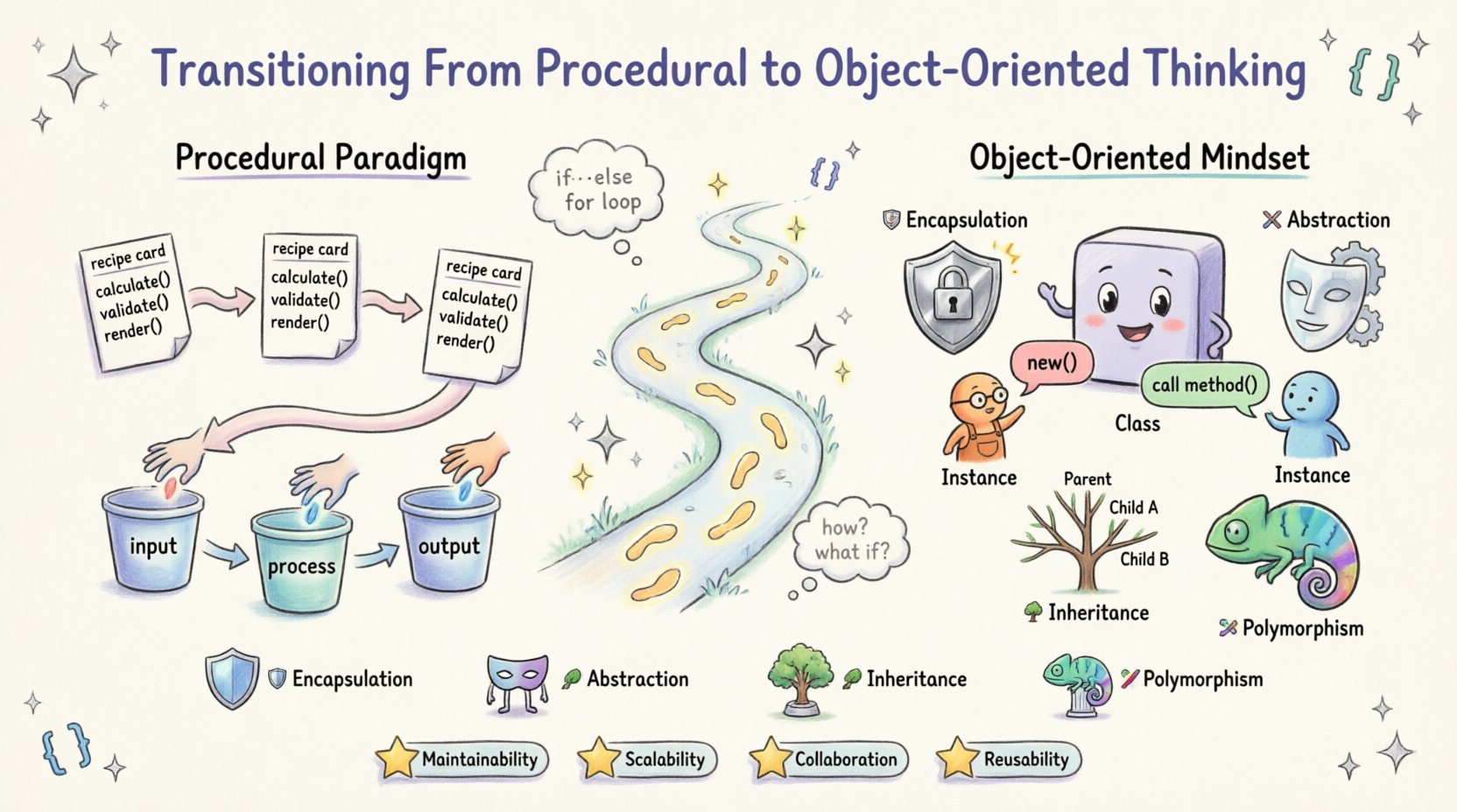 Whimsical infographic illustrating the transition from procedural to object-oriented programming mindset, comparing linear function-based workflows with encapsulated object interactions, featuring the four OOP pillars: encapsulation, abstraction, inheritance, and polymorphism, with visual metaphors for maintainability, scalability, and code reusability benefits