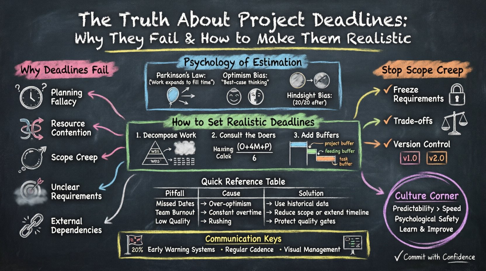 Chalkboard-style infographic explaining why project deadlines fail and how to set realistic ones, covering planning fallacy, scope creep, estimation psychology (Parkinson's Law, optimism bias), work decomposition, buffer strategies, scope management techniques, and communication best practices for reliable project delivery