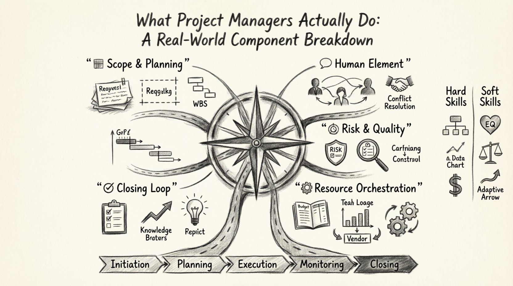 Charcoal sketch infographic illustrating the five core components of project management: scope and planning with roadmap icons, stakeholder communication with connected silhouettes, risk and quality management with shield and magnifying glass symbols, resource orchestration showing budget and team elements, and project closing with handover visuals; includes project lifecycle flowchart and essential hard/soft skills competency breakdown, rendered in artistic contour style on textured paper background for educational clarity