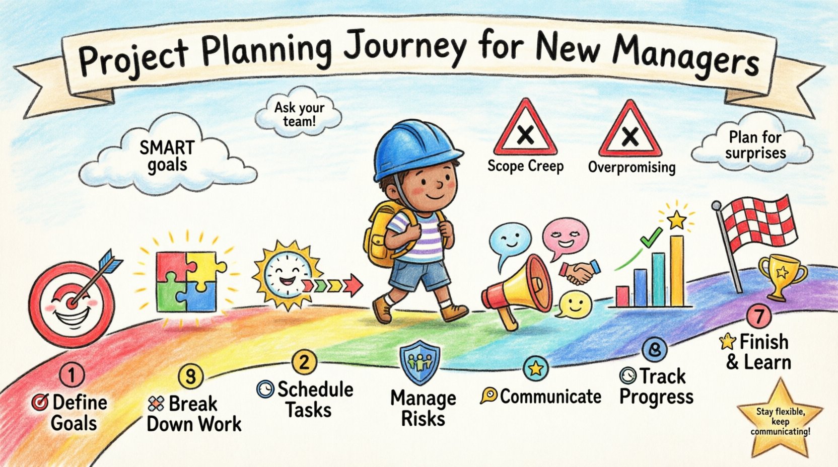 Child's drawing style infographic showing a 7-step project planning journey for new managers: define goals, break down work, schedule tasks, manage risks, communicate, track progress, and finish with lessons learned, illustrated as a colorful rainbow roadmap with playful hand-drawn icons, a friendly manager character, and simple English labels in bright crayon aesthetic
