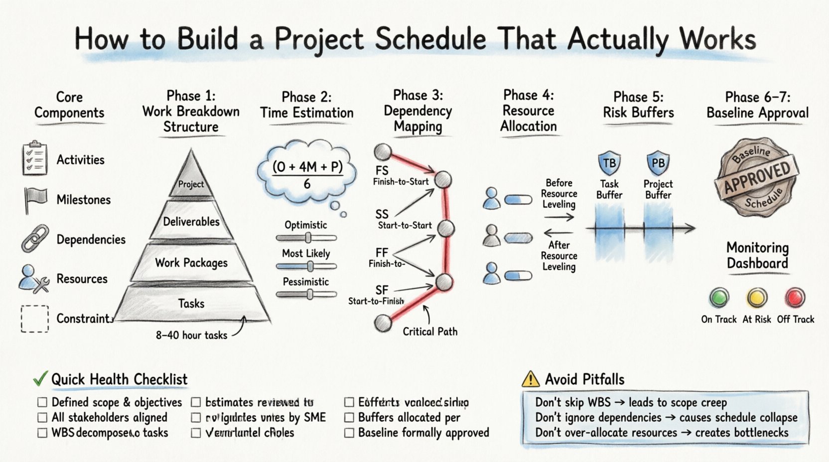 Sketch-style infographic illustrating the 7-phase methodology for building an effective project schedule: core components (activities, milestones, dependencies, resources, constraints), work breakdown structure pyramid, three-point time estimation formula (O+4M+P)/6, dependency mapping with FS/SS/FF/SF relationships and critical path visualization, resource allocation and leveling concepts, risk buffers on timeline, baseline approval process, and monitoring dashboard with health checklist - hand-drawn blueprint aesthetic in 16:9 format