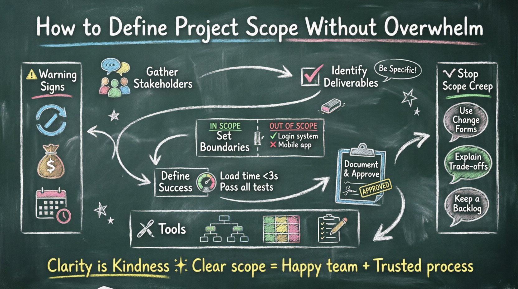 Chalkboard-style infographic showing a 5-step beginner's guide to defining project scope: gather stakeholders, identify deliverables, set boundaries, define success criteria, and document approval, with visual tips to prevent scope creep and manage project boundaries effectively