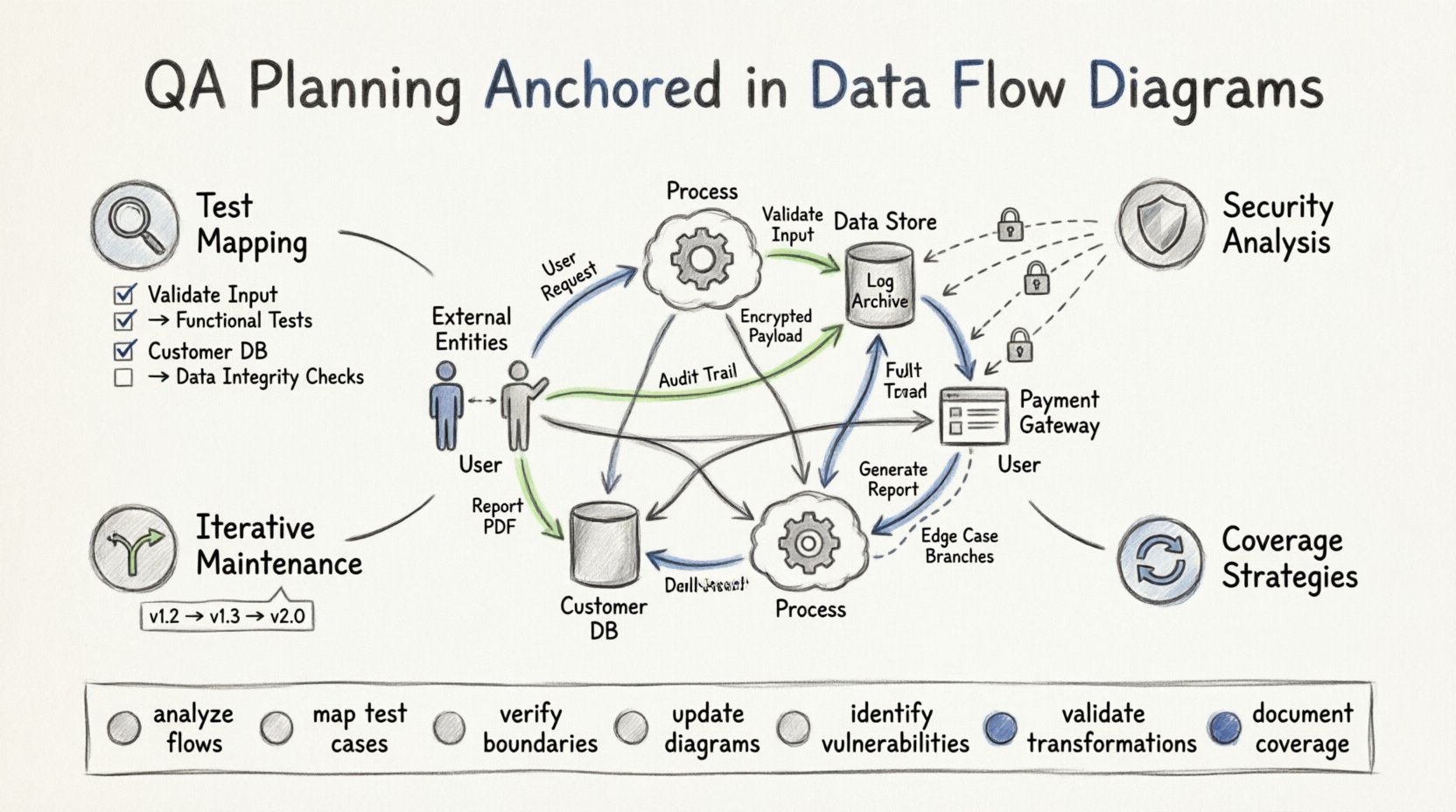 Sketch-style infographic illustrating quality assurance planning anchored in data flow diagrams, showing DFD components (external entities, processes, data stores, data flows) mapped to testing strategies, security analysis, coverage paths, and maintenance workflows for comprehensive QA framework